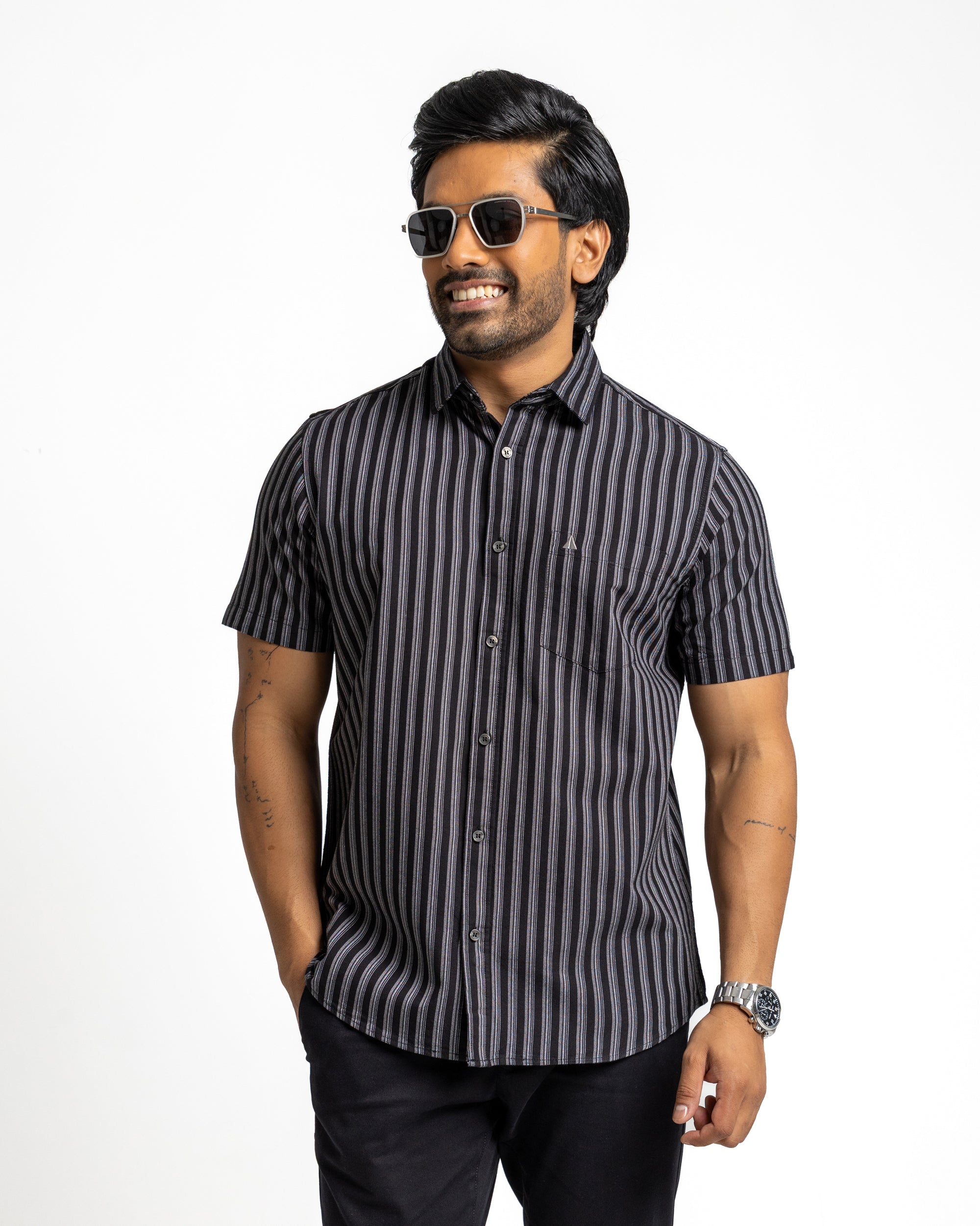 100% COTTON STRIPE Short Sleeve Shirt - Light Grey