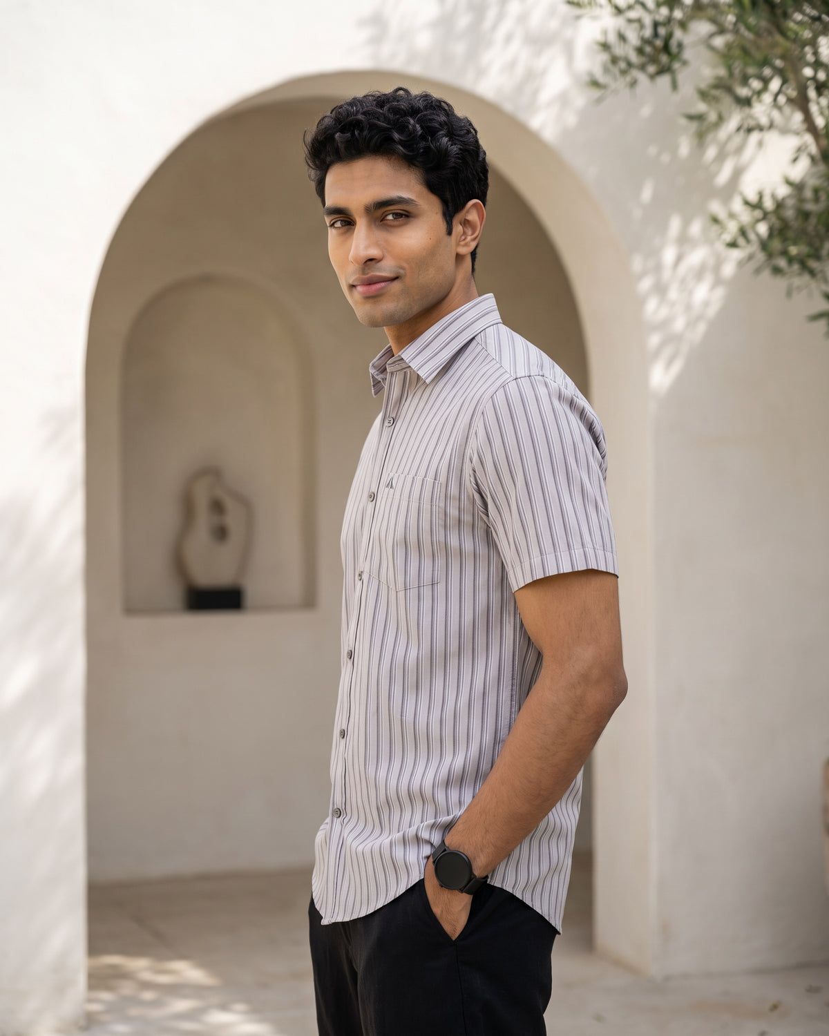 AnationZ Essential Cotton Stripe Short Sleeve Shirt - Graphite Sri Lanka