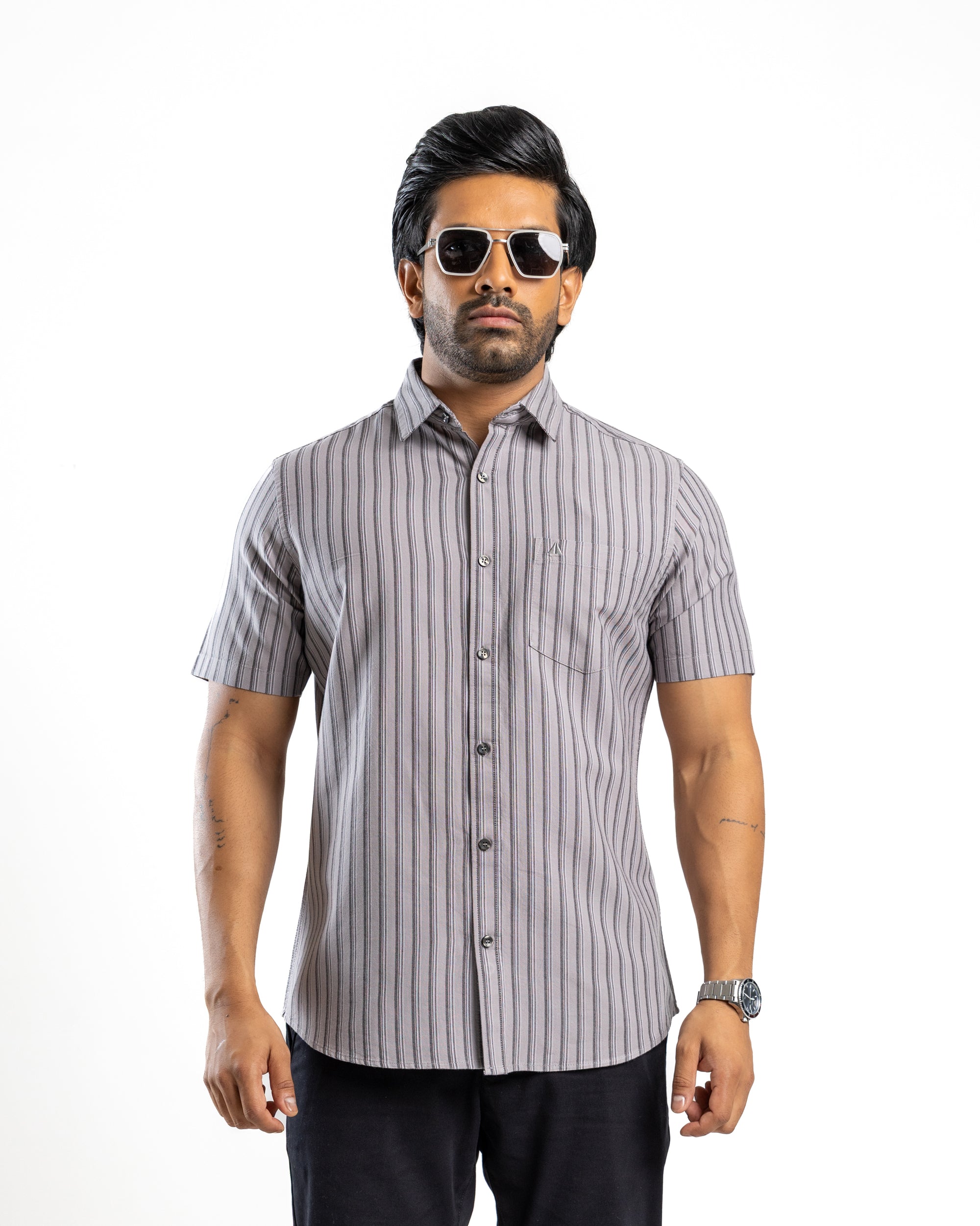 100% COTTON STRIPE Short Sleeve Shirt - Dark Grey