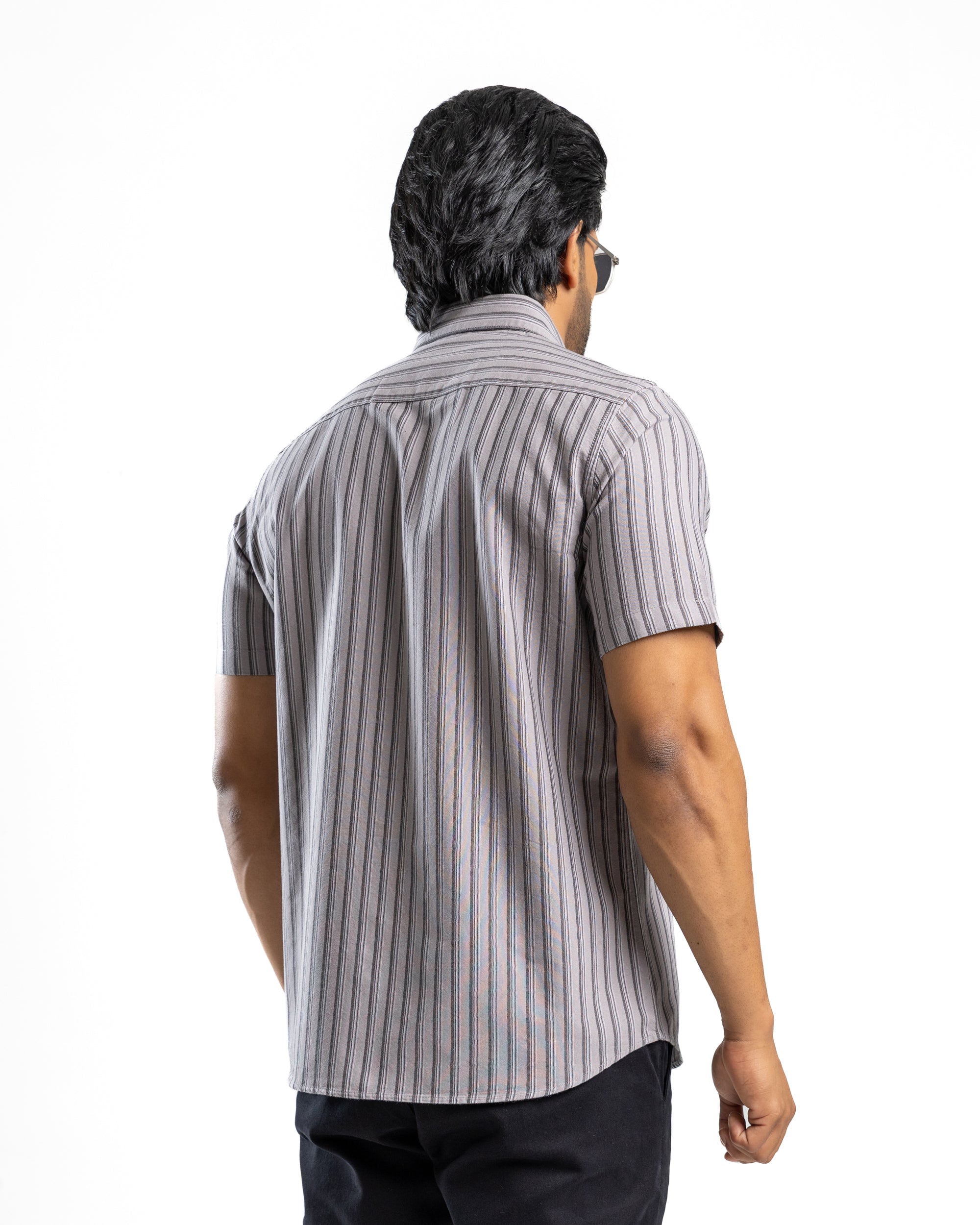 100% COTTON STRIPE Short Sleeve Shirt - Dark Grey