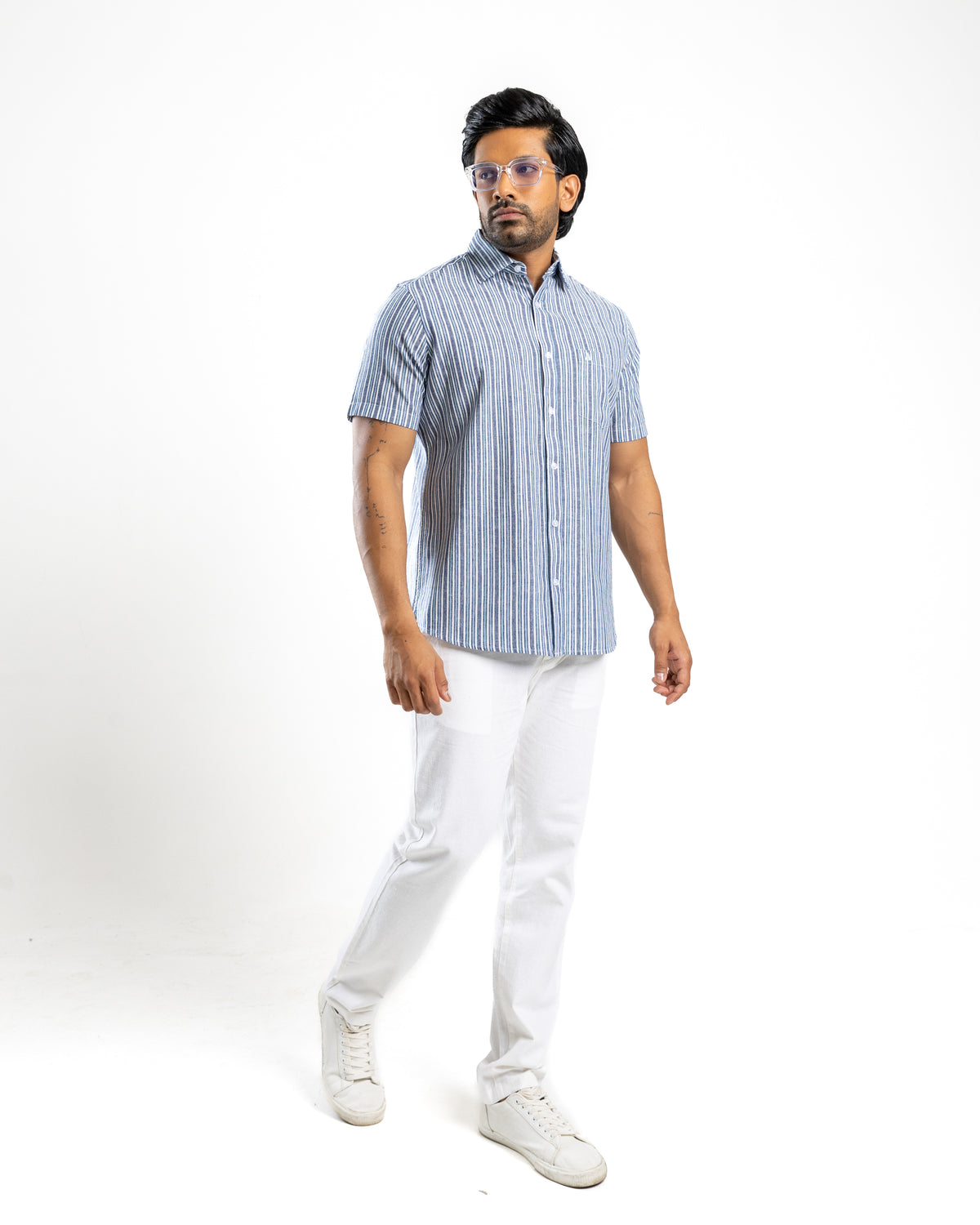 Heritage Linen Stripe Short Sleeve Shirt - Cobalt Shore