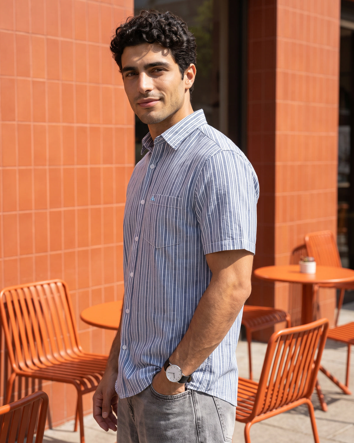 Heritage Linen Stripe Short Sleeve Shirt - Cobalt Shore