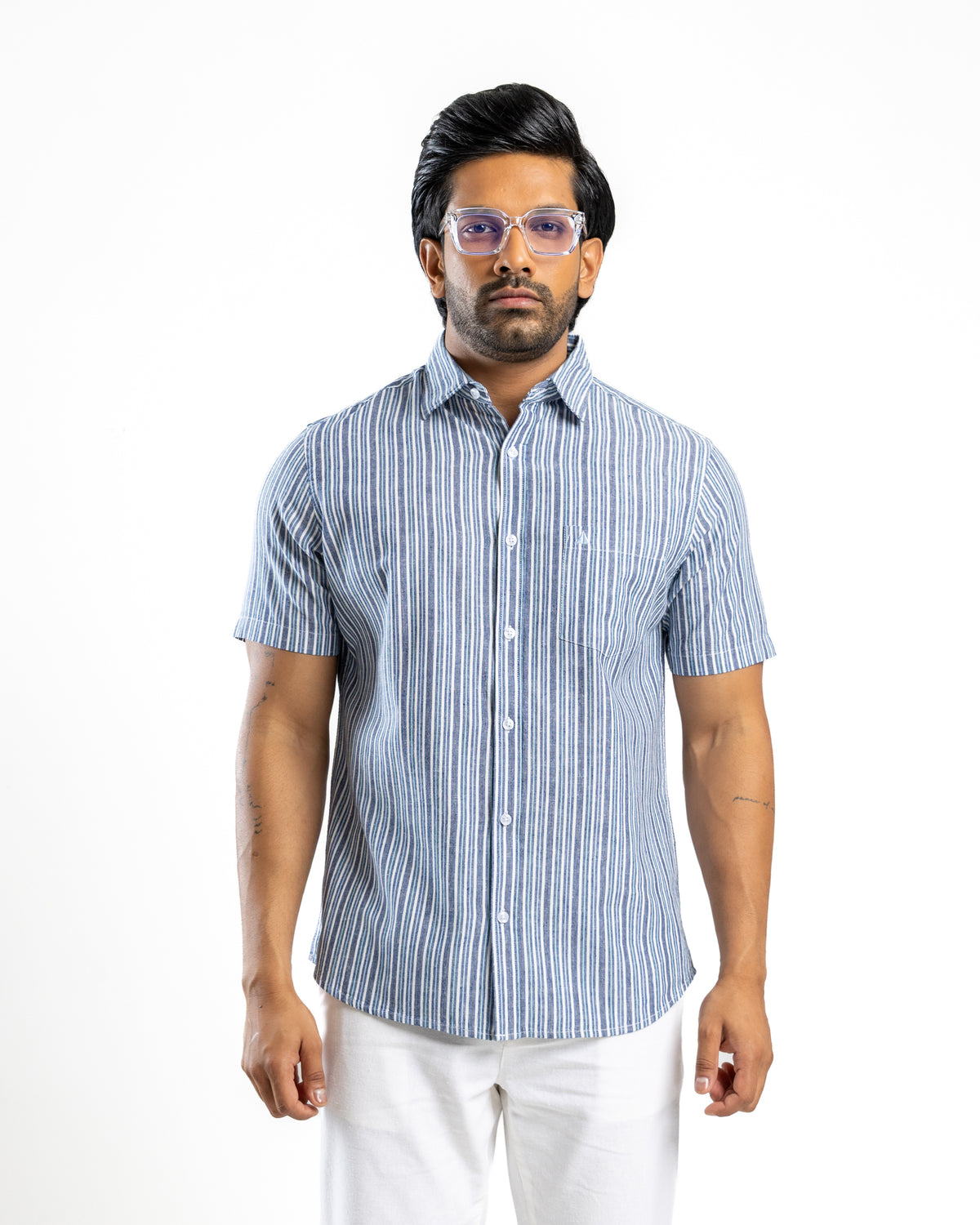 Heritage Linen Stripe Short Sleeve Shirt - Cobalt Shore