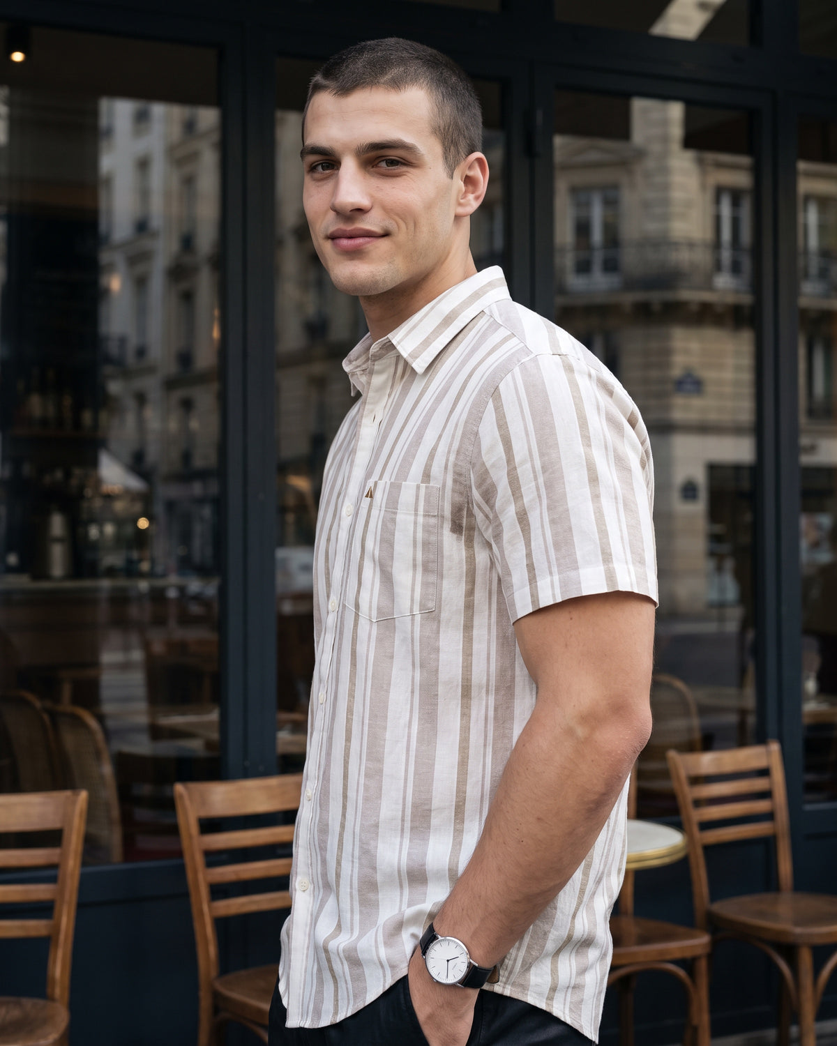 Heritage Linen Stripe Short Sleeve Shirt - Light Brown