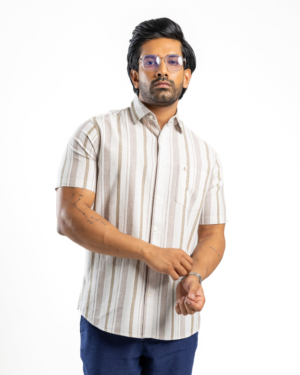 Heritage Linen Stripe Short Sleeve Shirt - Light Brown
