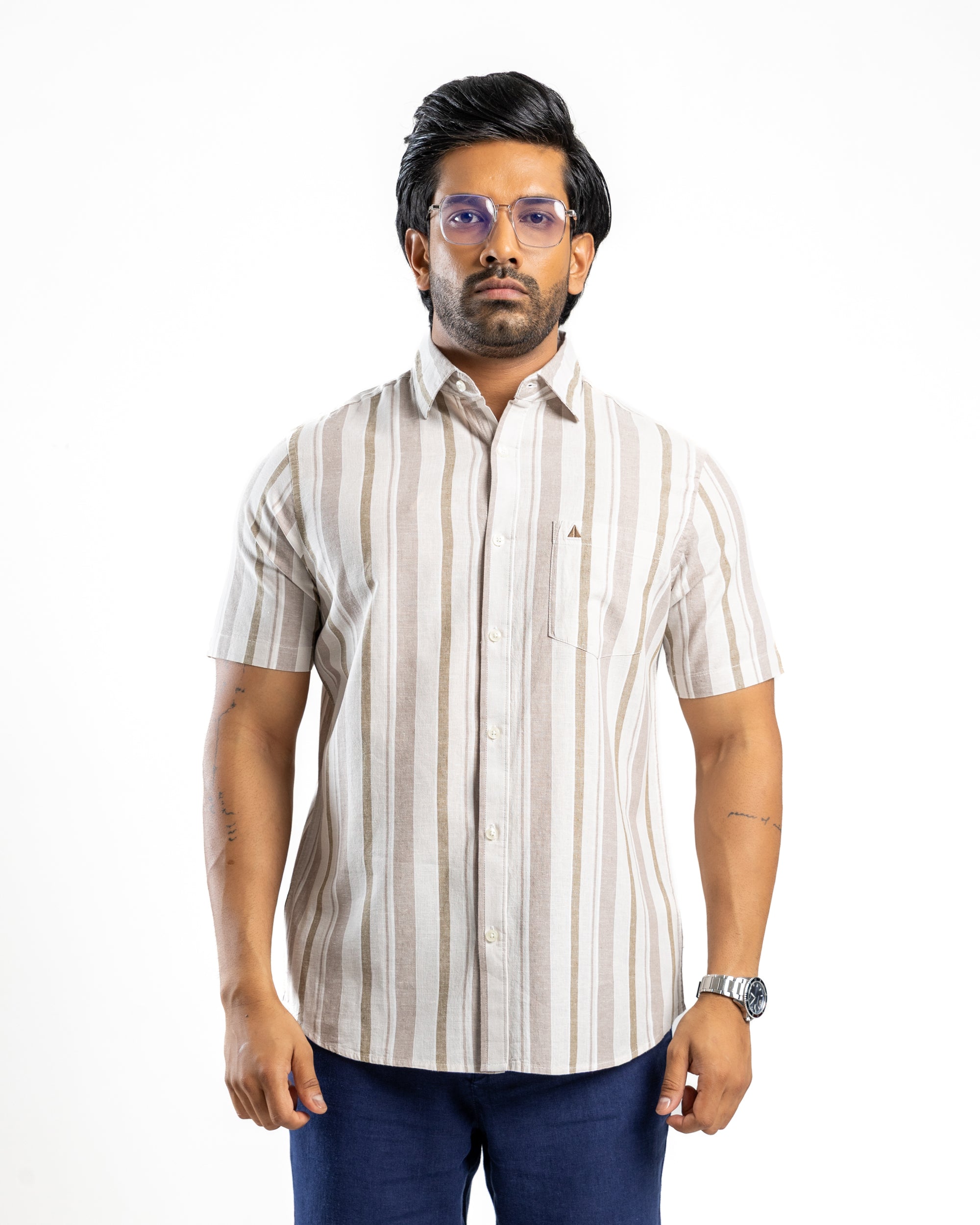 Linen Cotton Blend Stripe Short Sleeve Shirt | Raw Canvas