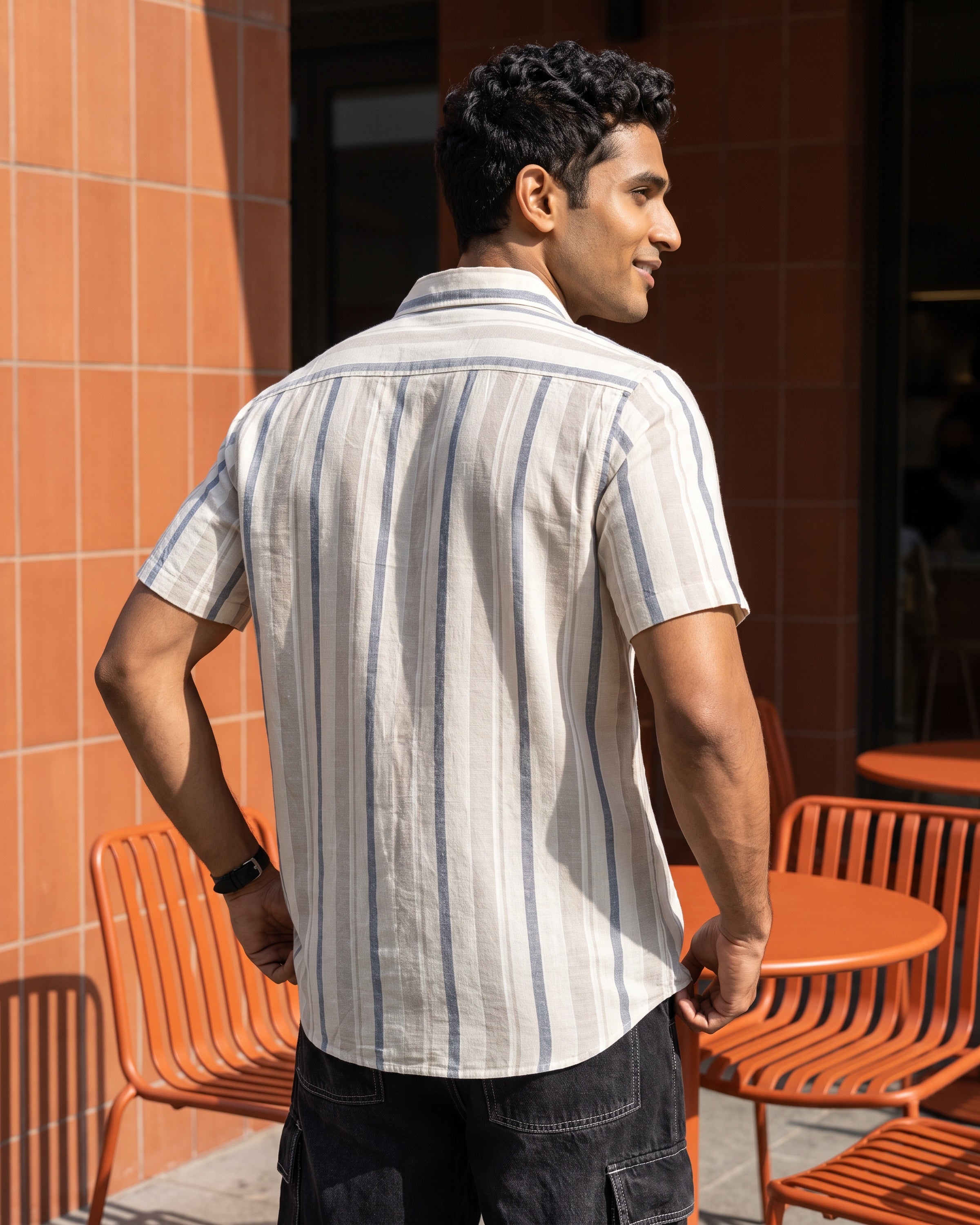 Linen Cotton Blend Stripe Short Sleeve Shirt | Raw Canvas