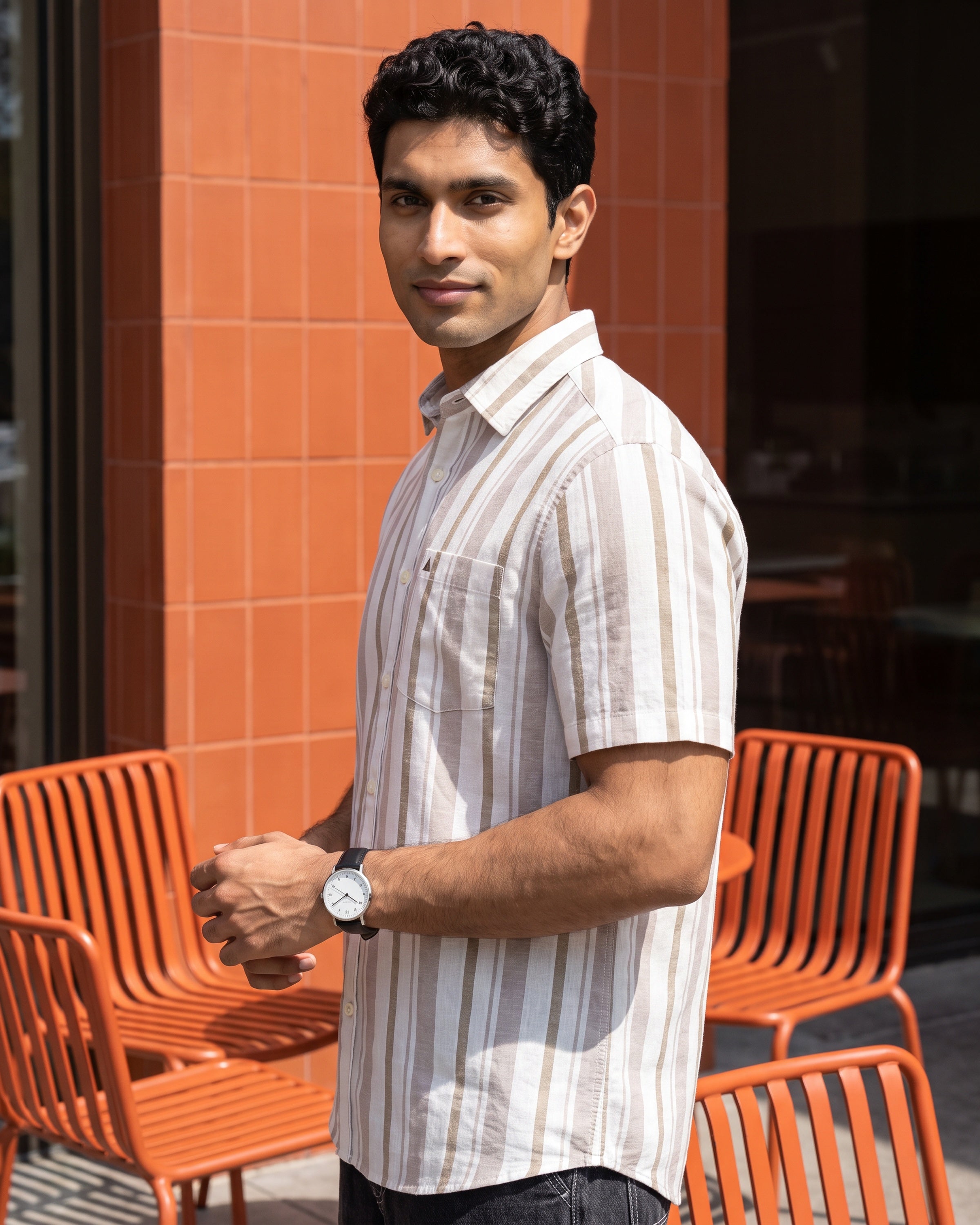 Linen Cotton Blend Stripe Short Sleeve Shirt | Raw Canvas