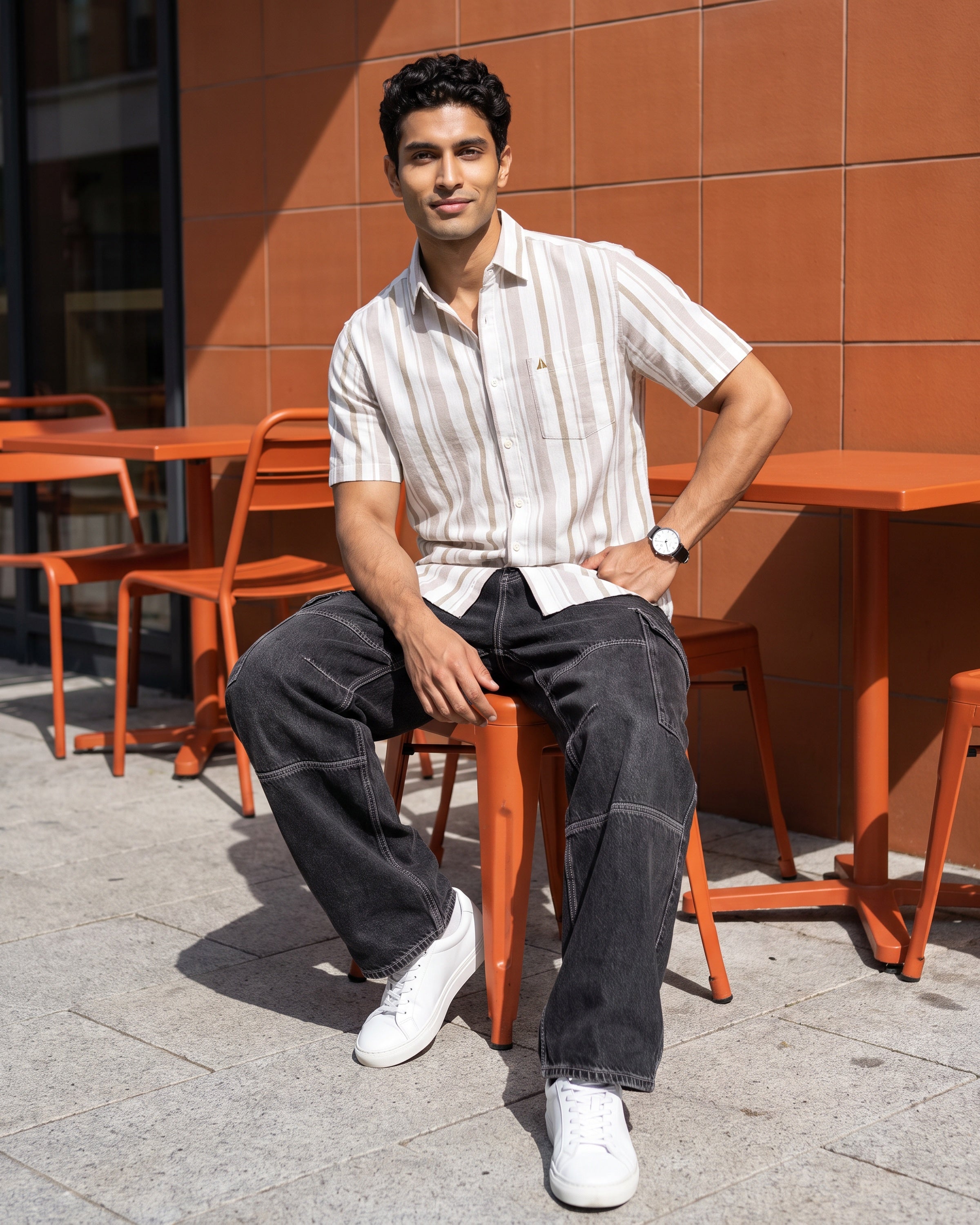 Linen Cotton Blend Stripe Short Sleeve Shirt | Raw Canvas