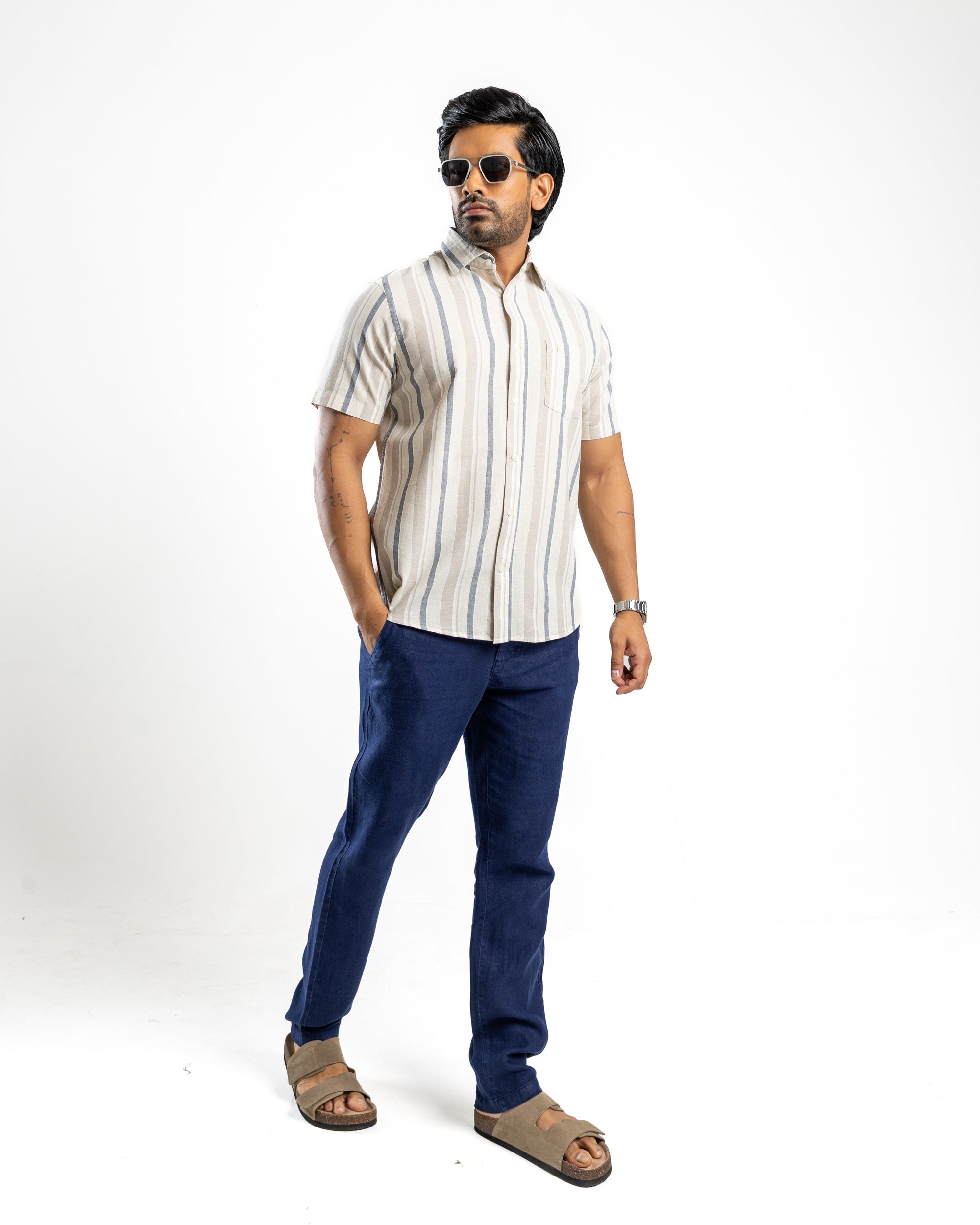Linen Cotton Blend Stripe Short Sleeve Shirt | Raw Canvas