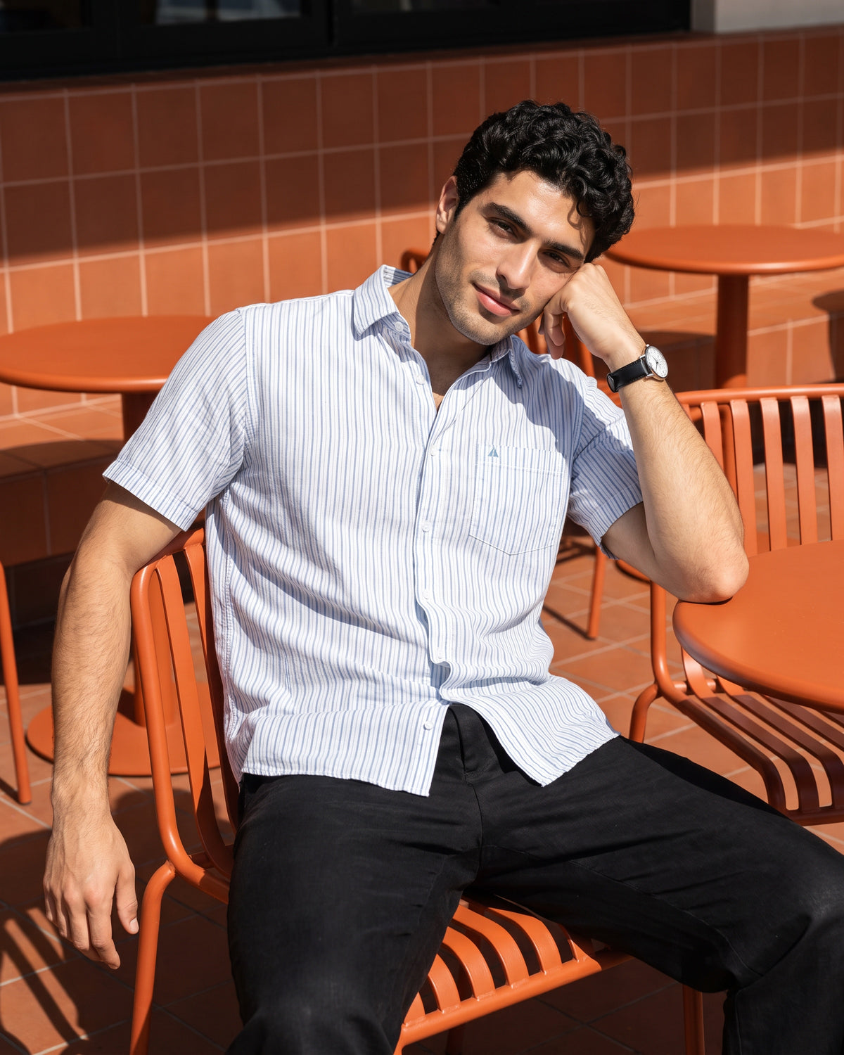 Heritage Linen Stripe Short Sleeve Shirt - Pearl Blue