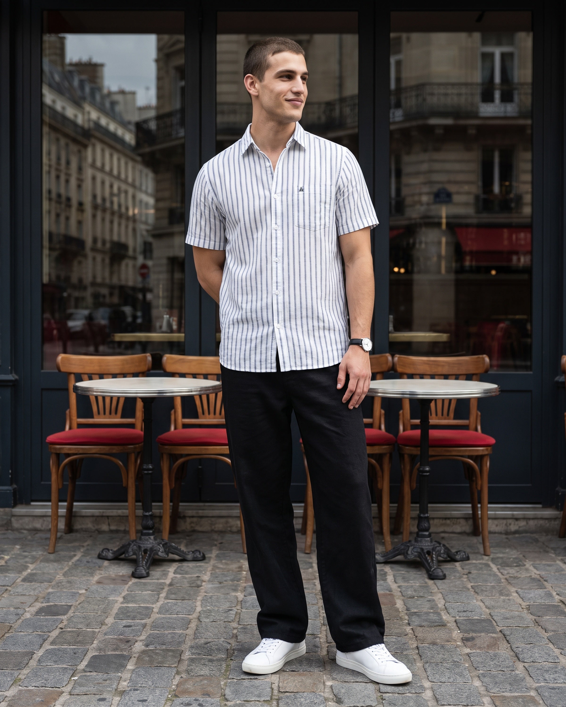 Linen Cotton Blend Stripe Short Sleeve Shirt | Clean White