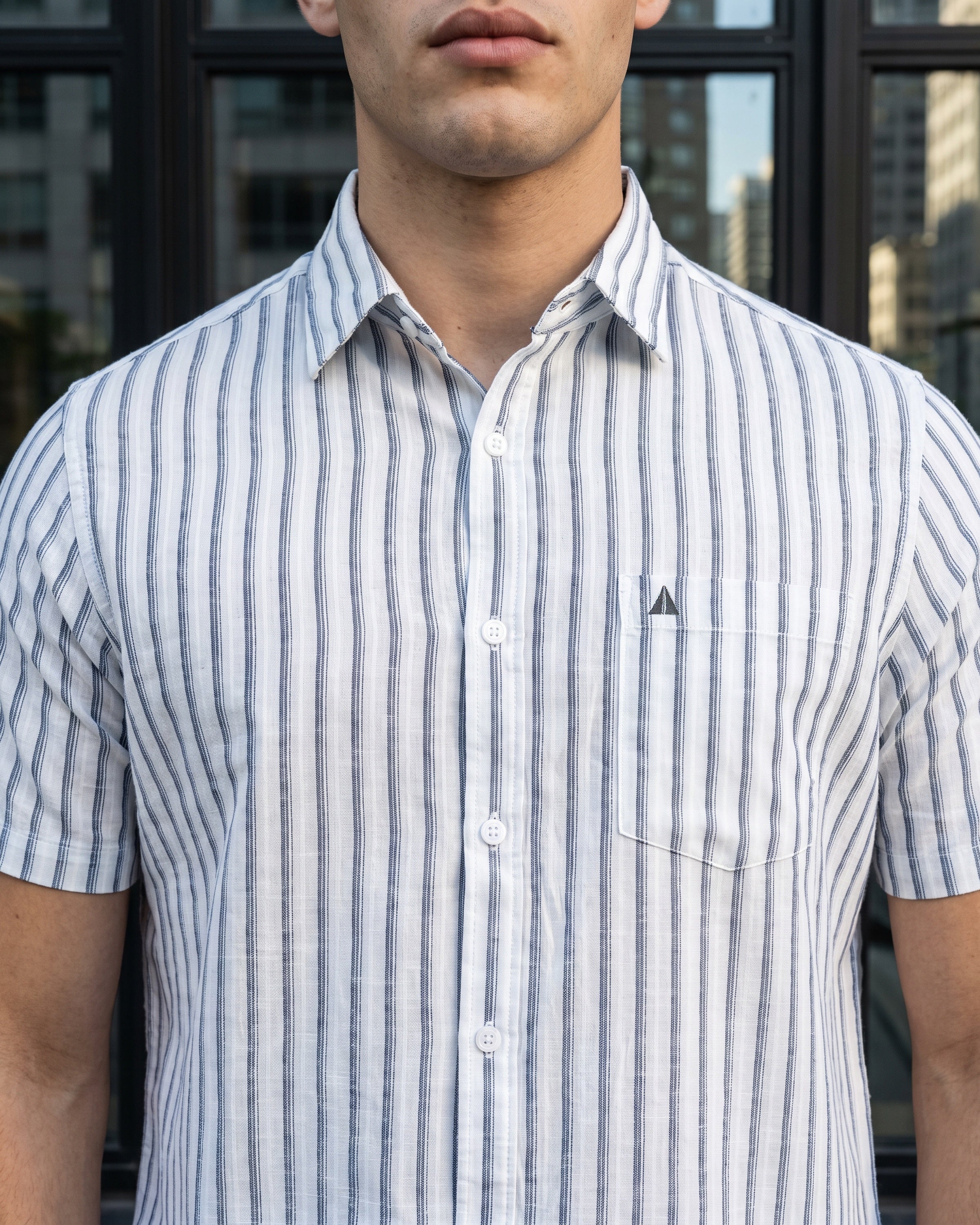Linen Cotton Blend Stripe Short Sleeve Shirt | Clean White