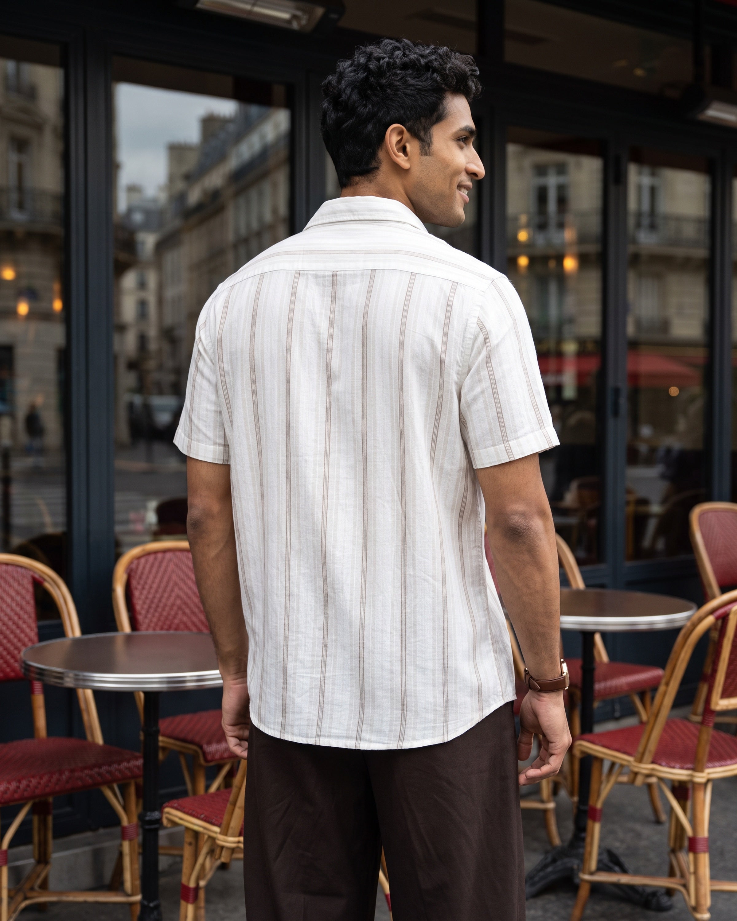 Linen Cotton Blend Stripe Short Sleeve Shirt | Warm Tobacco