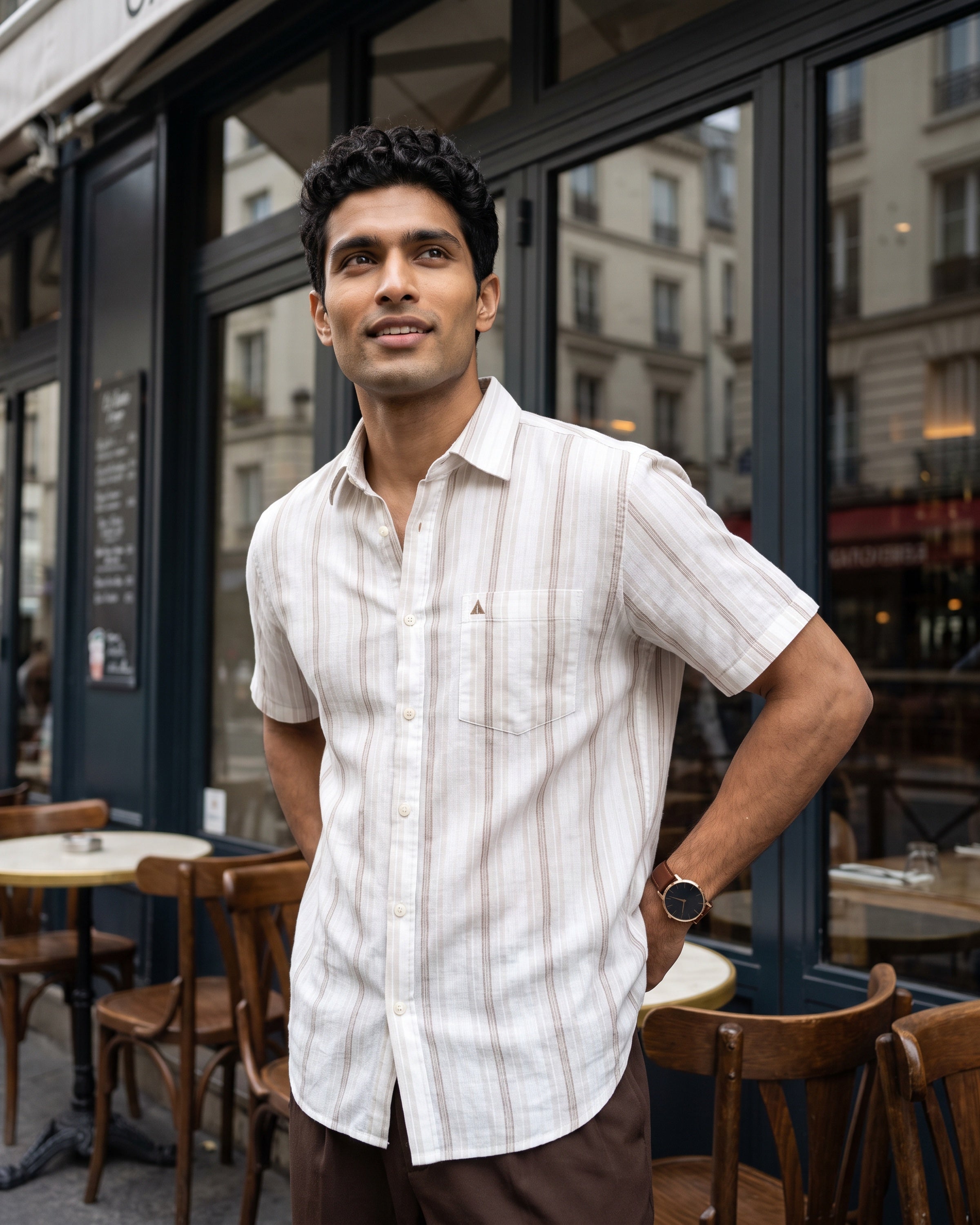 Linen Cotton Blend Stripe Short Sleeve Shirt | Warm Tobacco