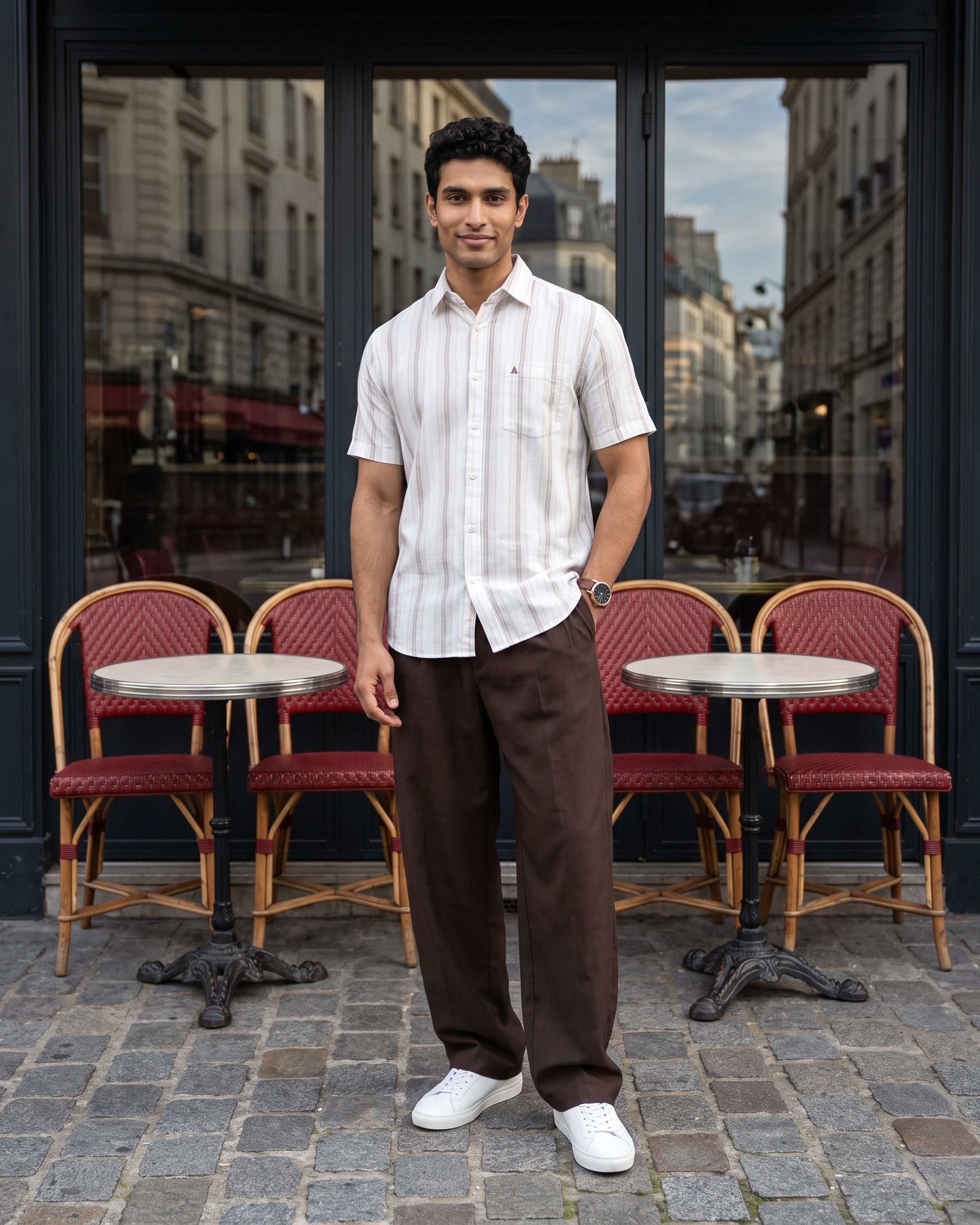 Linen Cotton Blend Stripe Short Sleeve Shirt | Warm Tobacco