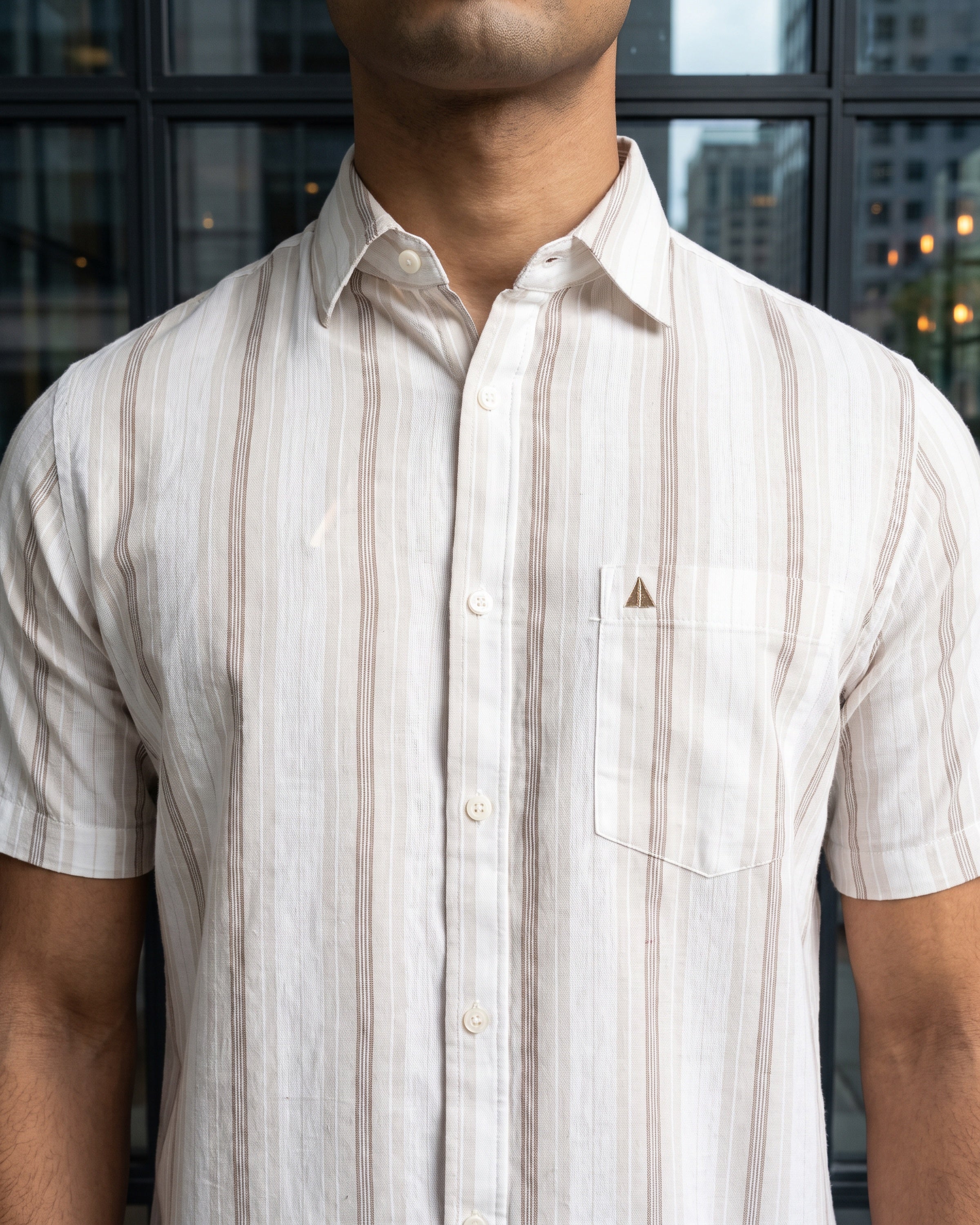 Linen Cotton Blend Stripe Short Sleeve Shirt | Warm Tobacco