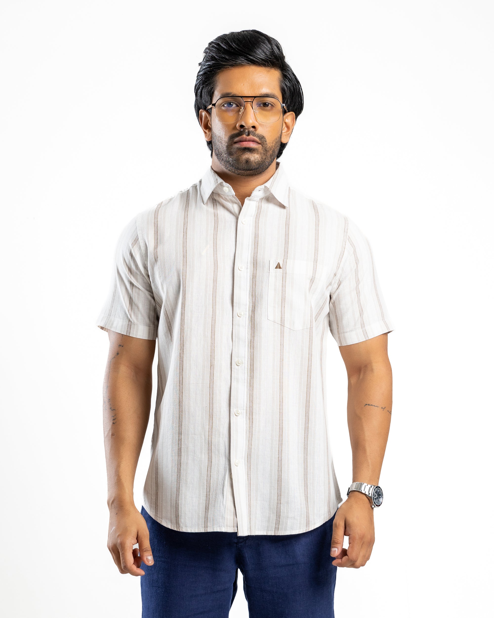 Linen Cotton Blend Stripe Short Sleeve Shirt | Warm Tobacco
