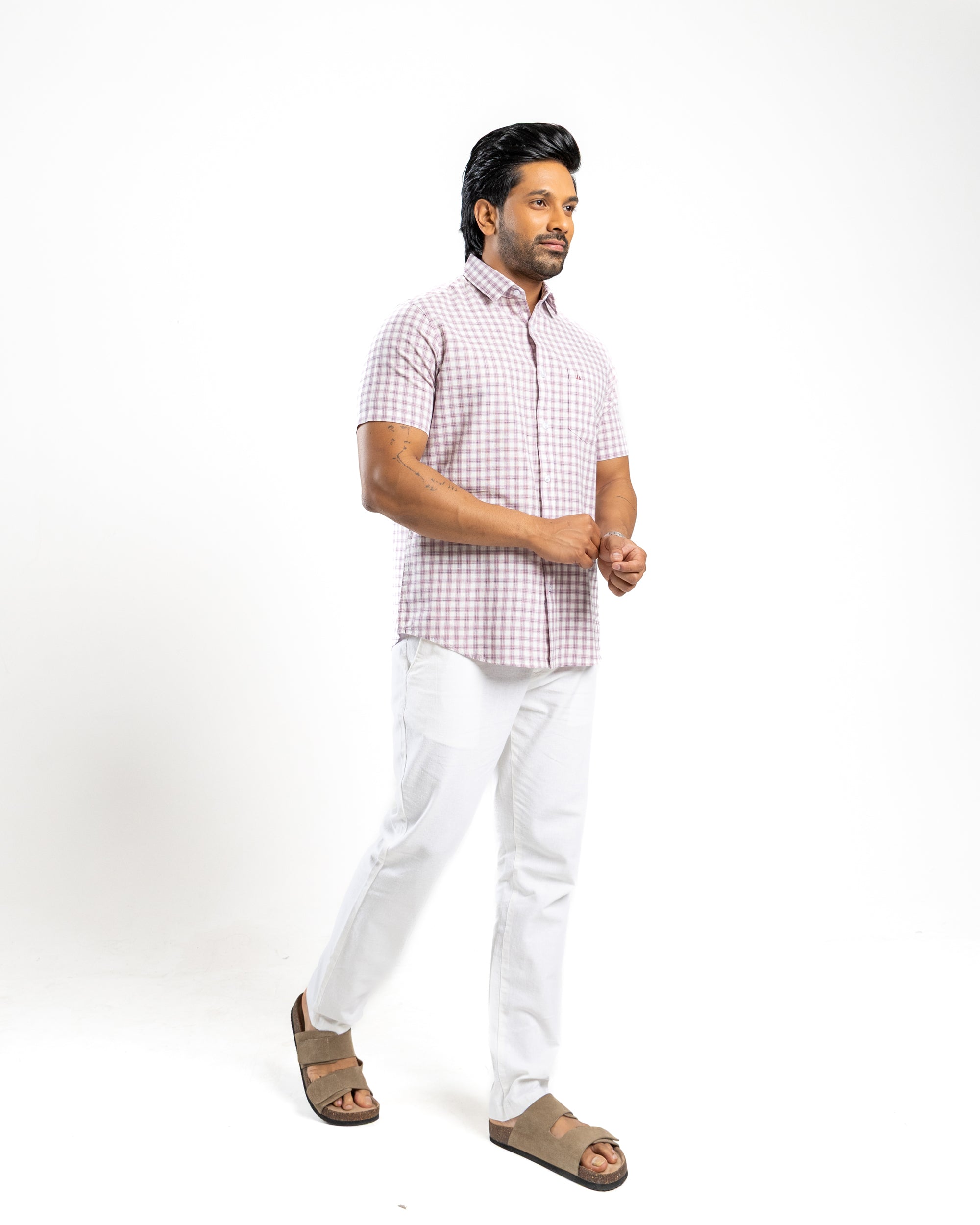 Linen Cotton Blend Check Short Sleeve Shirt | Crushed Violet