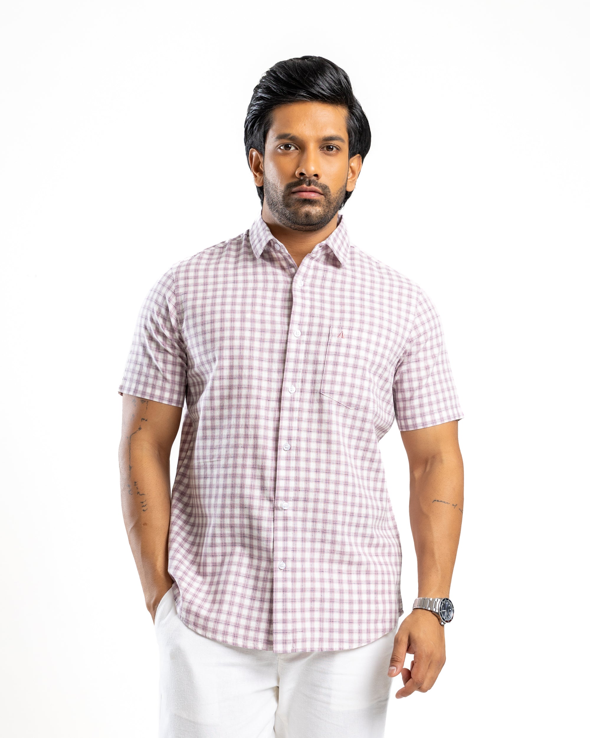 Linen Cotton Blend Check Short Sleeve Shirt | Crushed Violet
