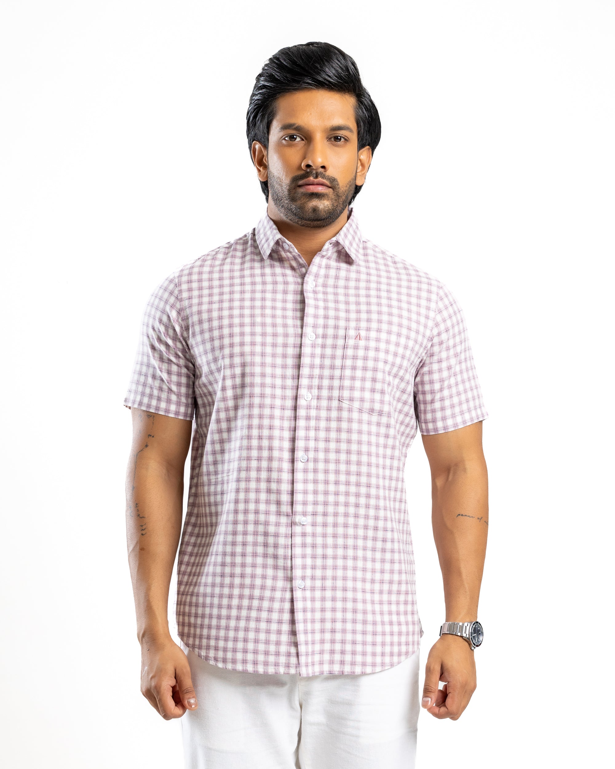 AnationZ Heritage Linen Check Short Sleeve Shirt - Crushed Violet Sri Lanka
