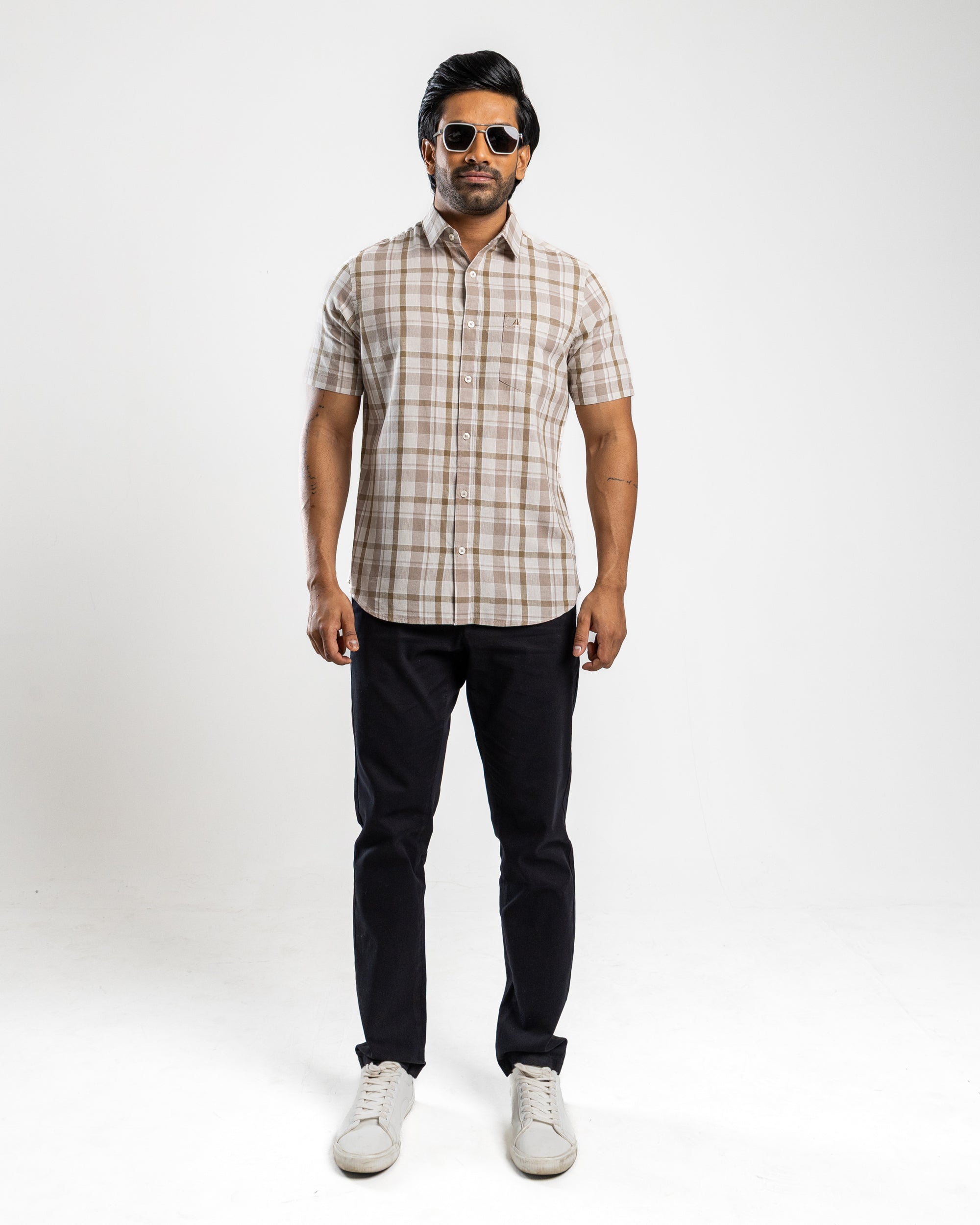Linen Cotton Blend Check Short Sleeve Shirt | Espresso