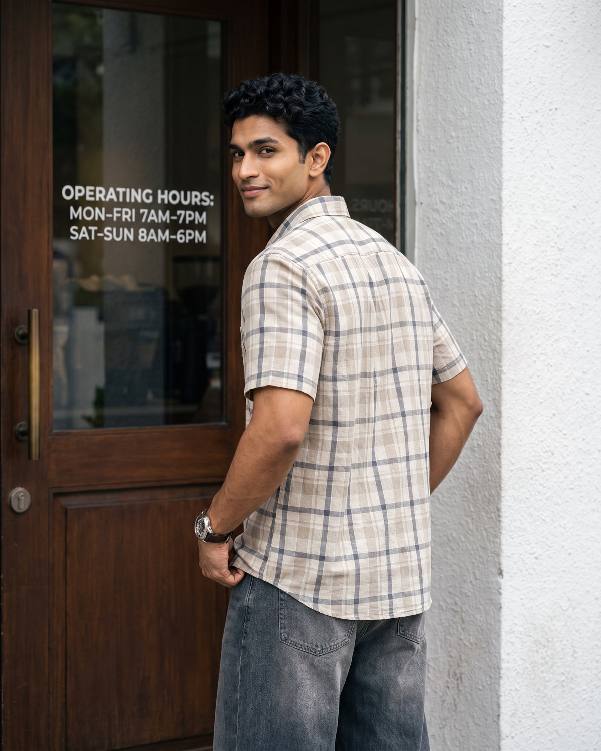 Linen Cotton Blend Check Short Sleeve Shirt | Warm Tobacco