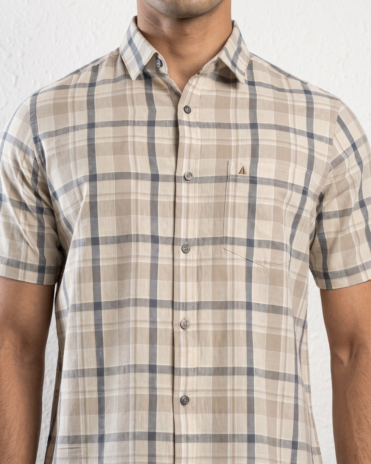 Linen Cotton Blend Check Short Sleeve Shirt | Warm Tobacco