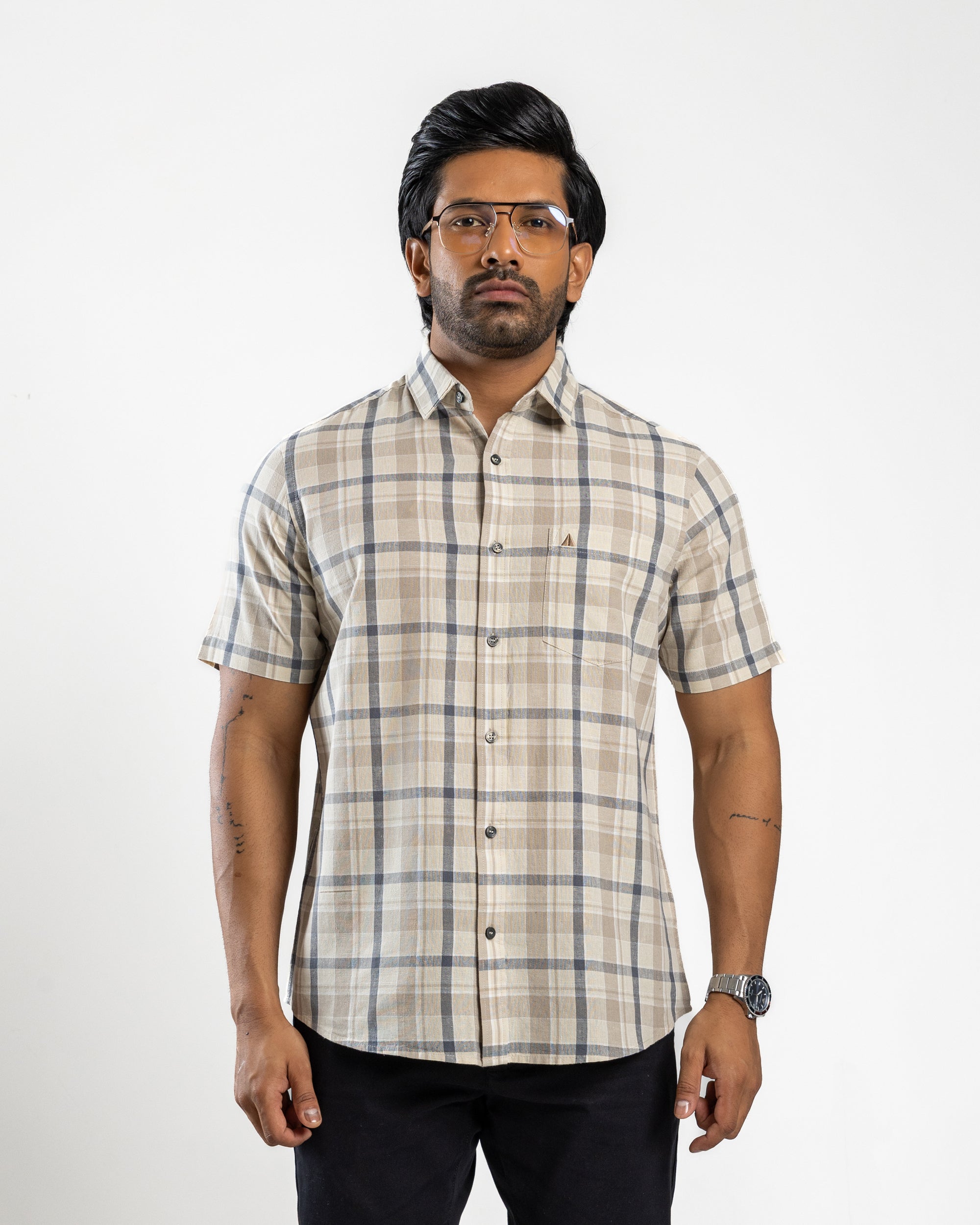 Linen Cotton Blend Check Short Sleeve Shirt | Warm Tobacco