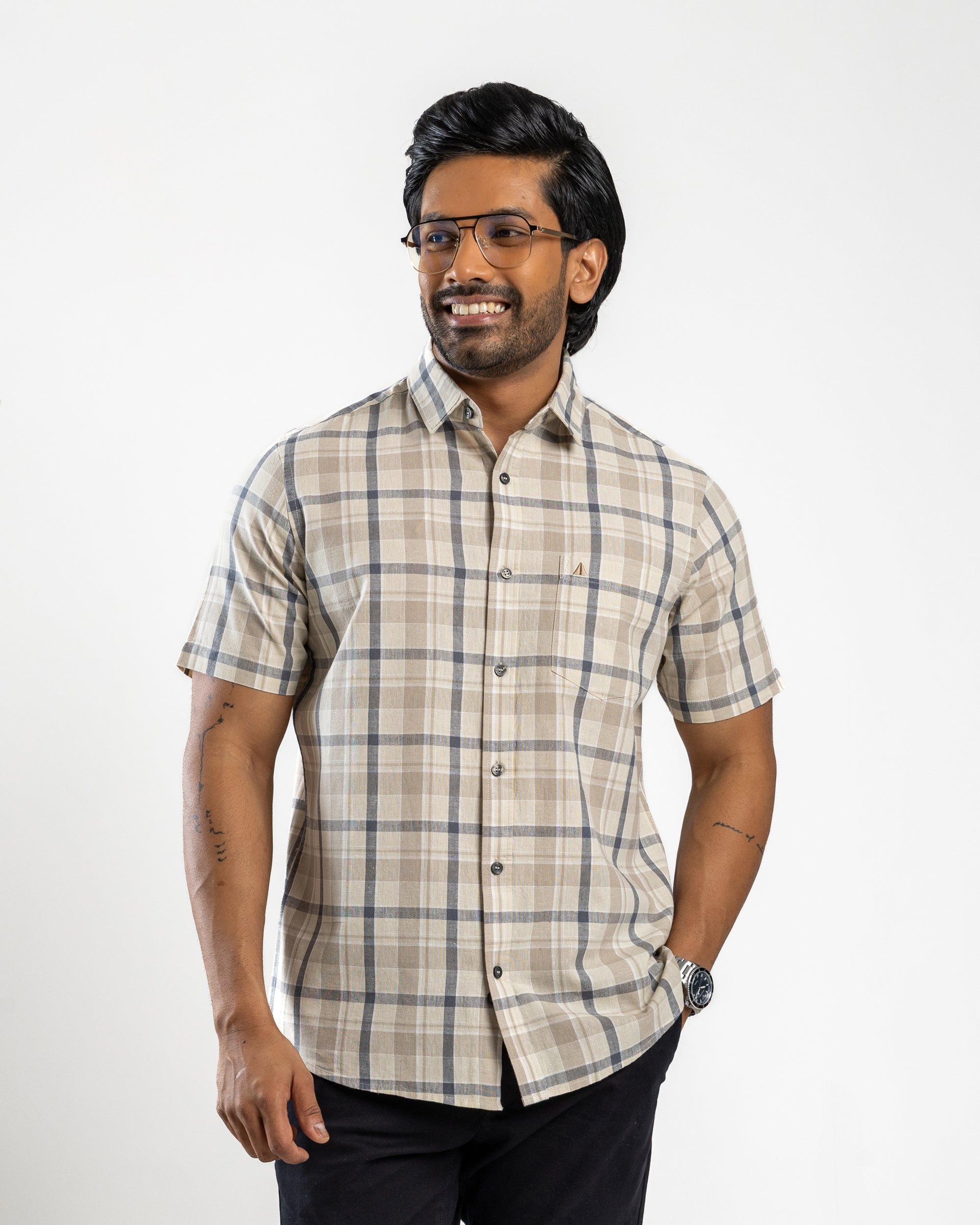 Linen Cotton Blend Check Short Sleeve Shirt | Warm Tobacco