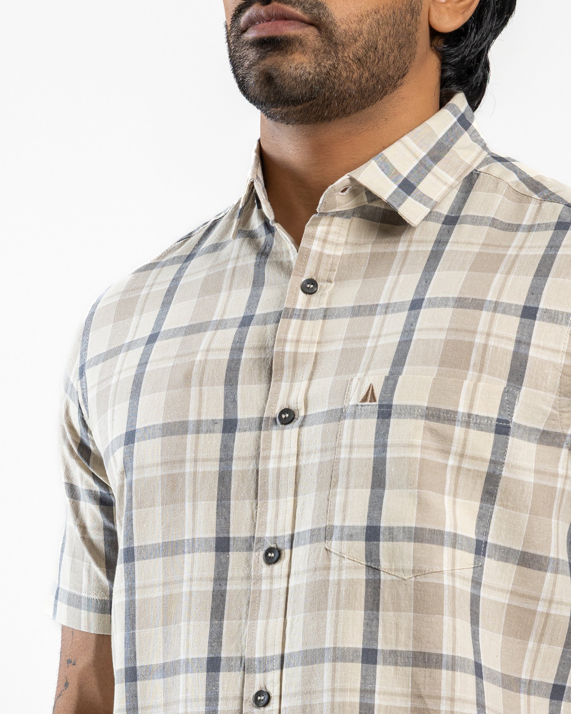 LINEN COTTON CHECK Short Sleeve Shirt - Light Brown