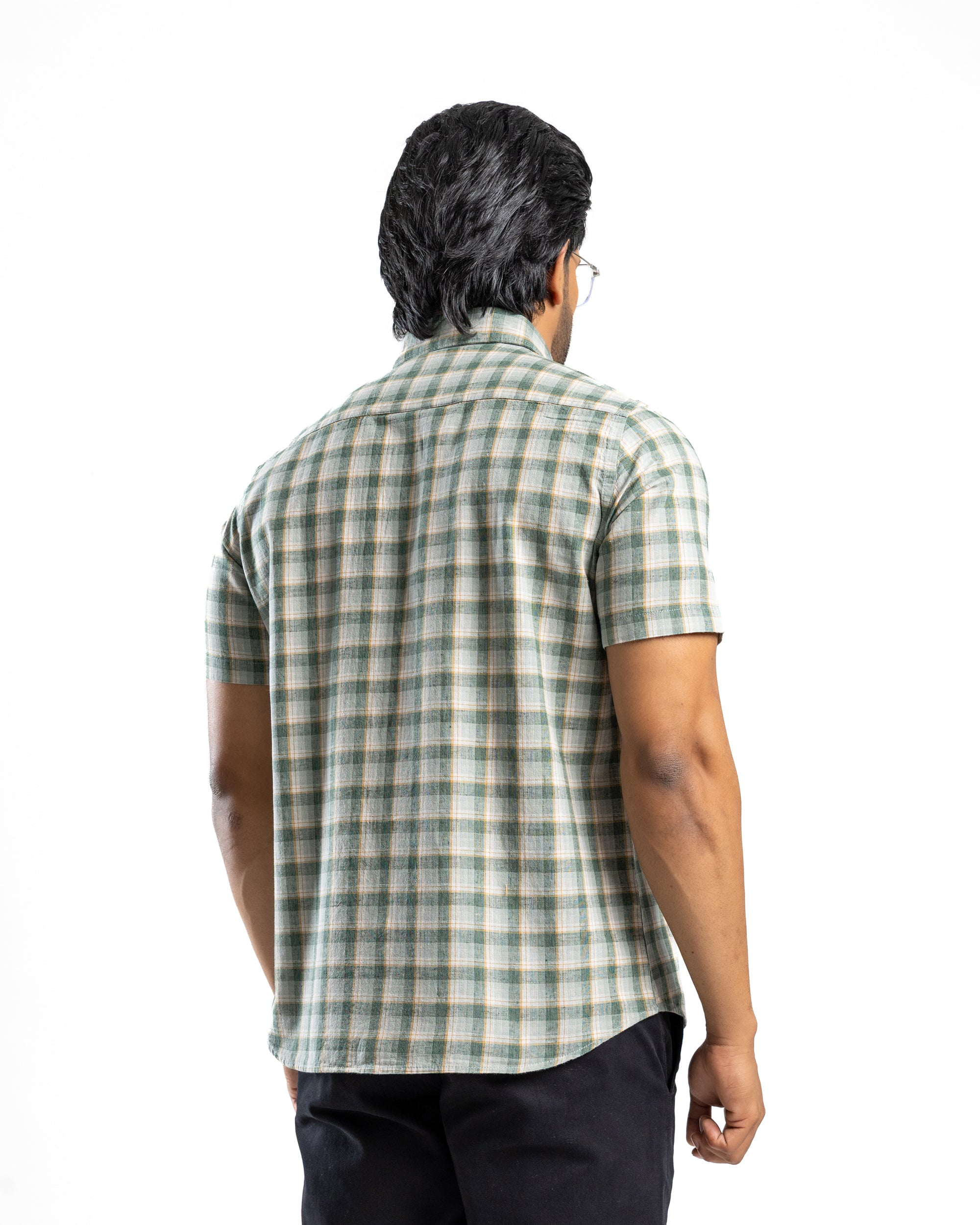 LINEN COTTON CHECK Short Sleeve Shirt - Olive