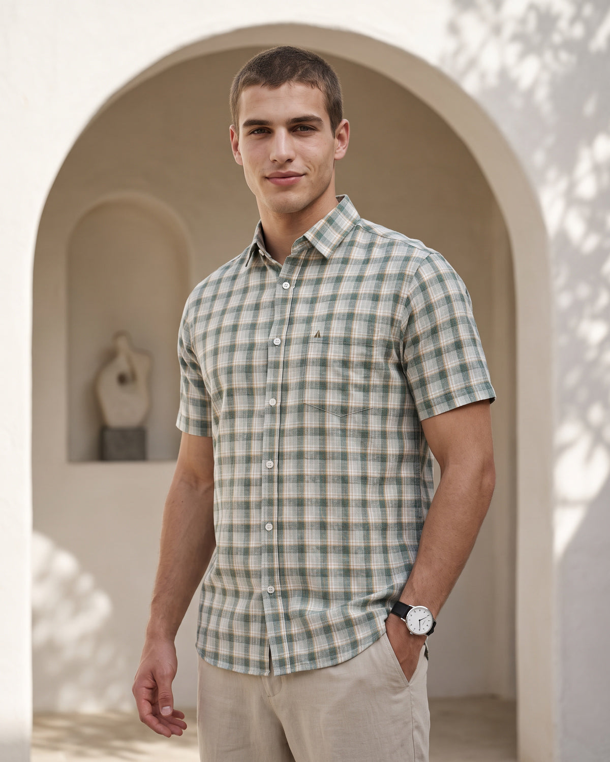 AnationZ Heritage Linen Check Short Sleeve Shirt - Olive Ground Sri Lanka