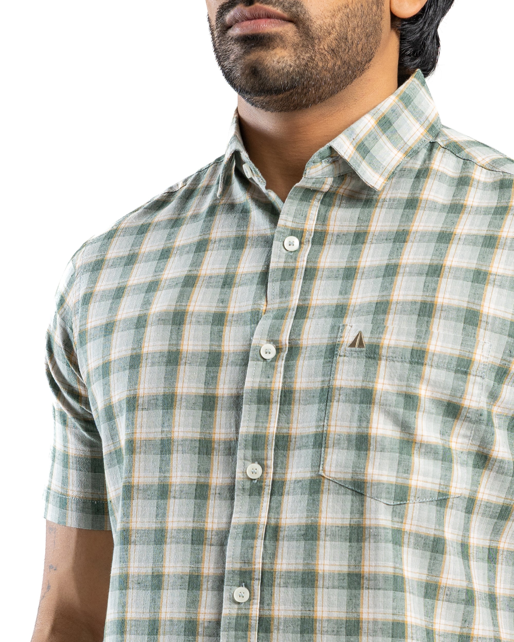 LINEN COTTON CHECK Short Sleeve Shirt - Olive