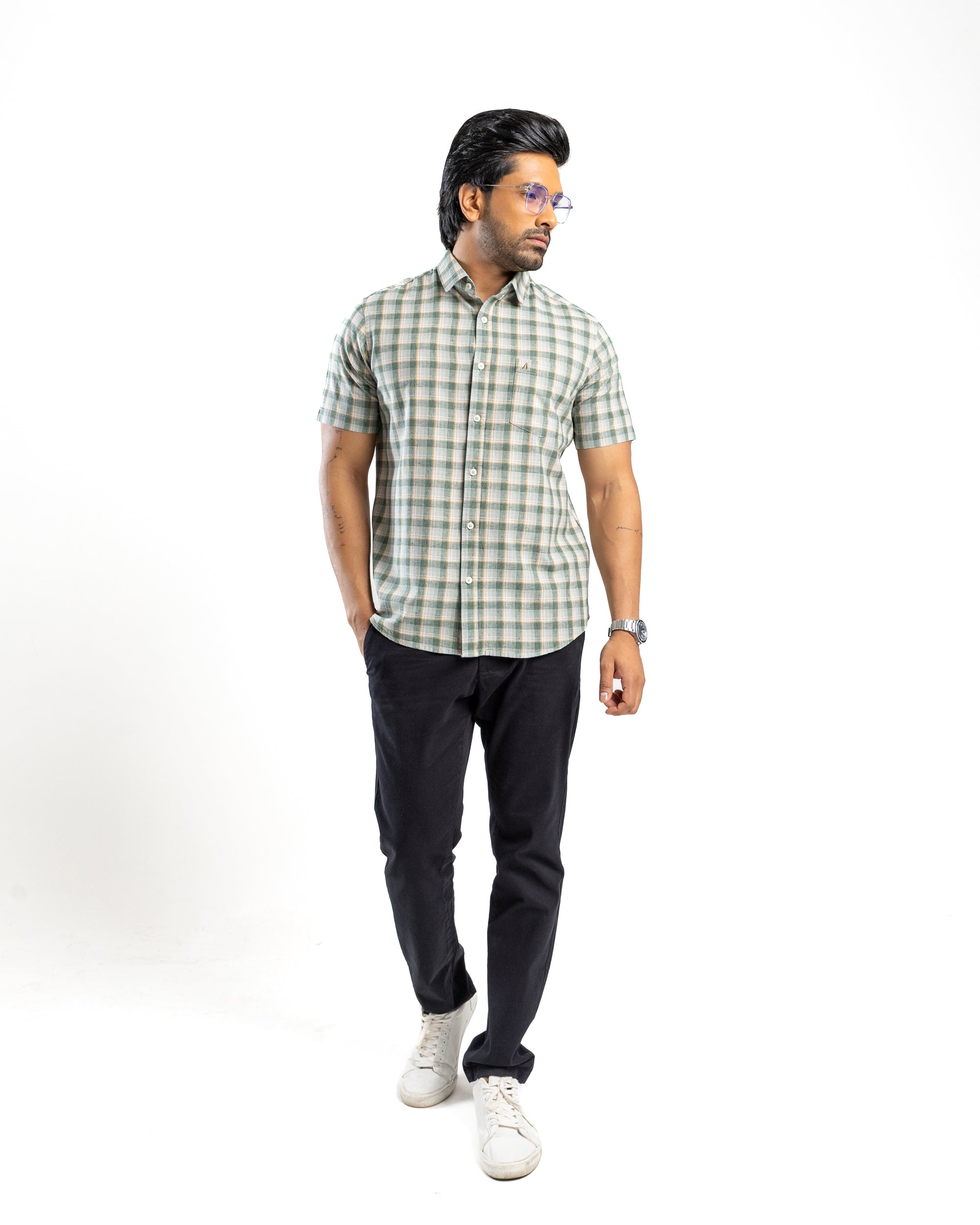 LINEN COTTON CHECK Short Sleeve Shirt - Olive
