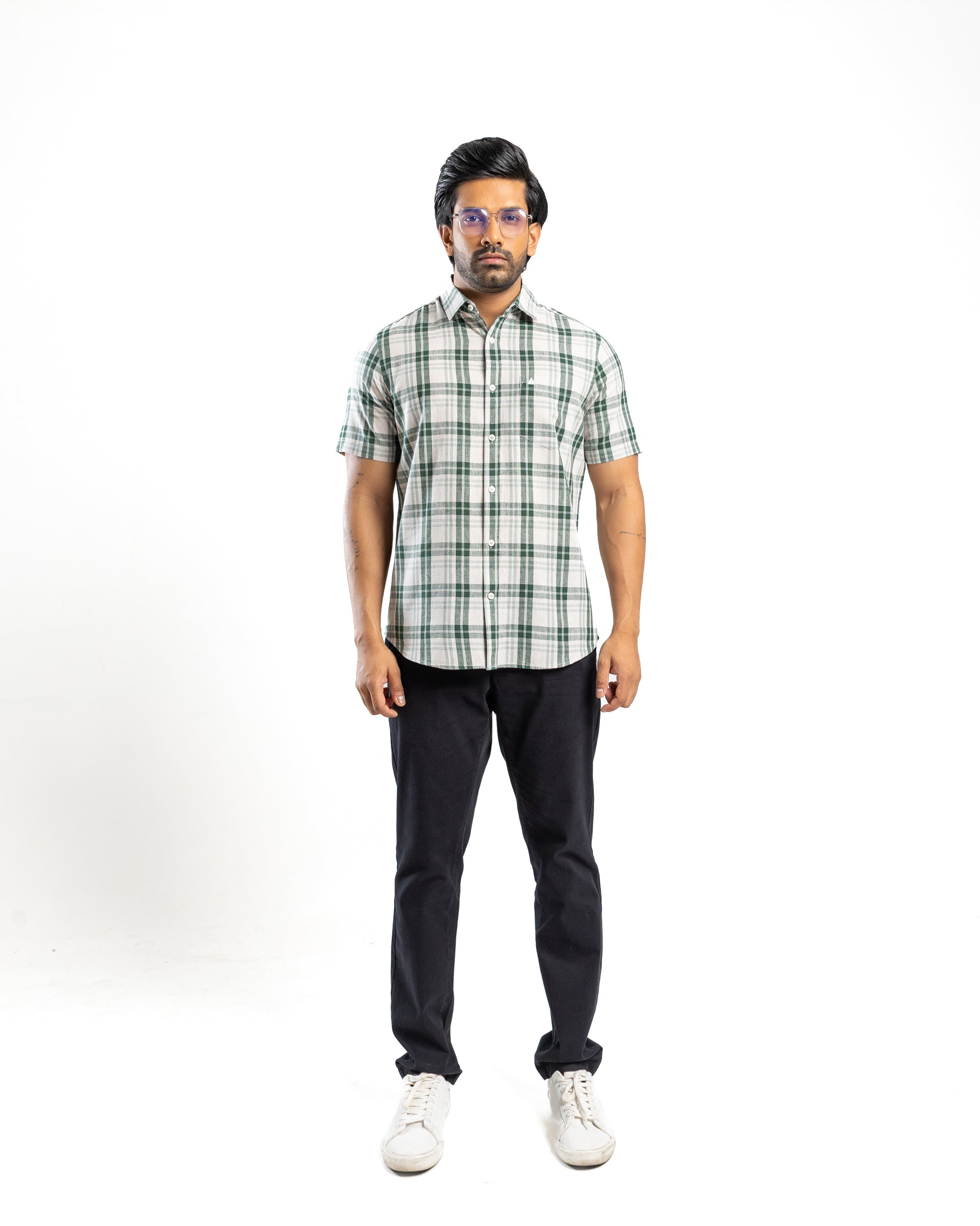 Linen Cotton Blend Check Short Sleeve Shirt | Deep Canopy