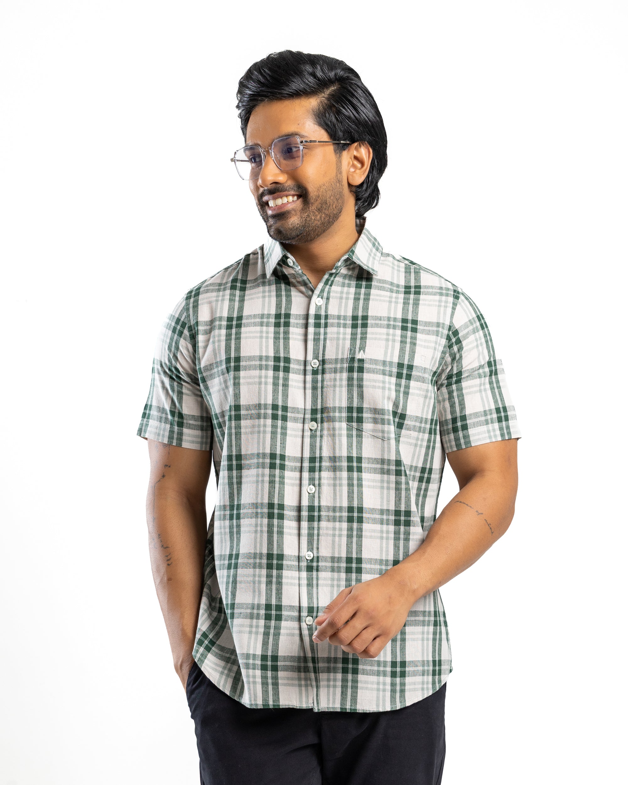Linen Cotton Blend Check Short Sleeve Shirt | Deep Canopy
