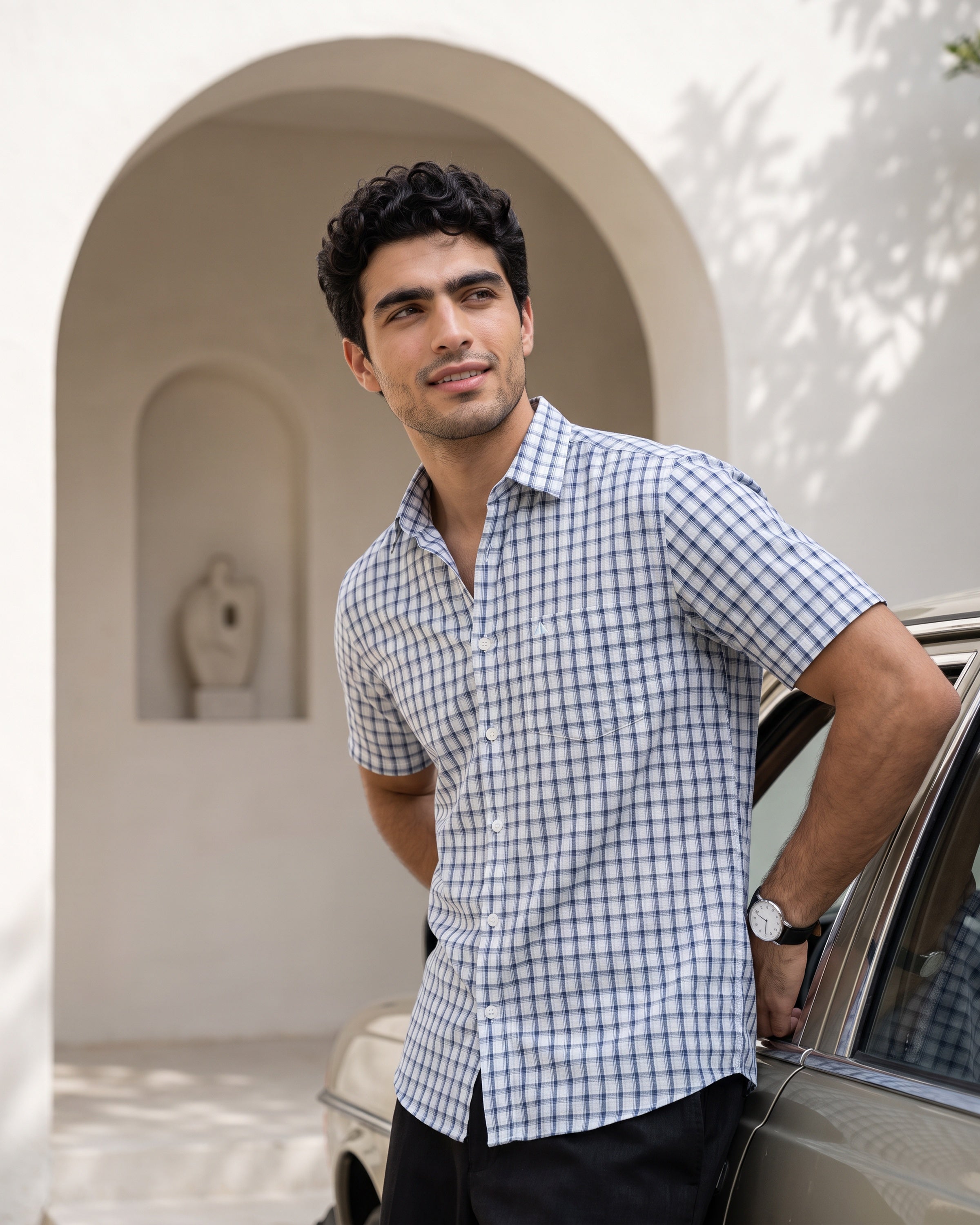 AnationZ Heritage Linen Check Short Sleeve Shirt - Glacial Blue Sri Lanka
