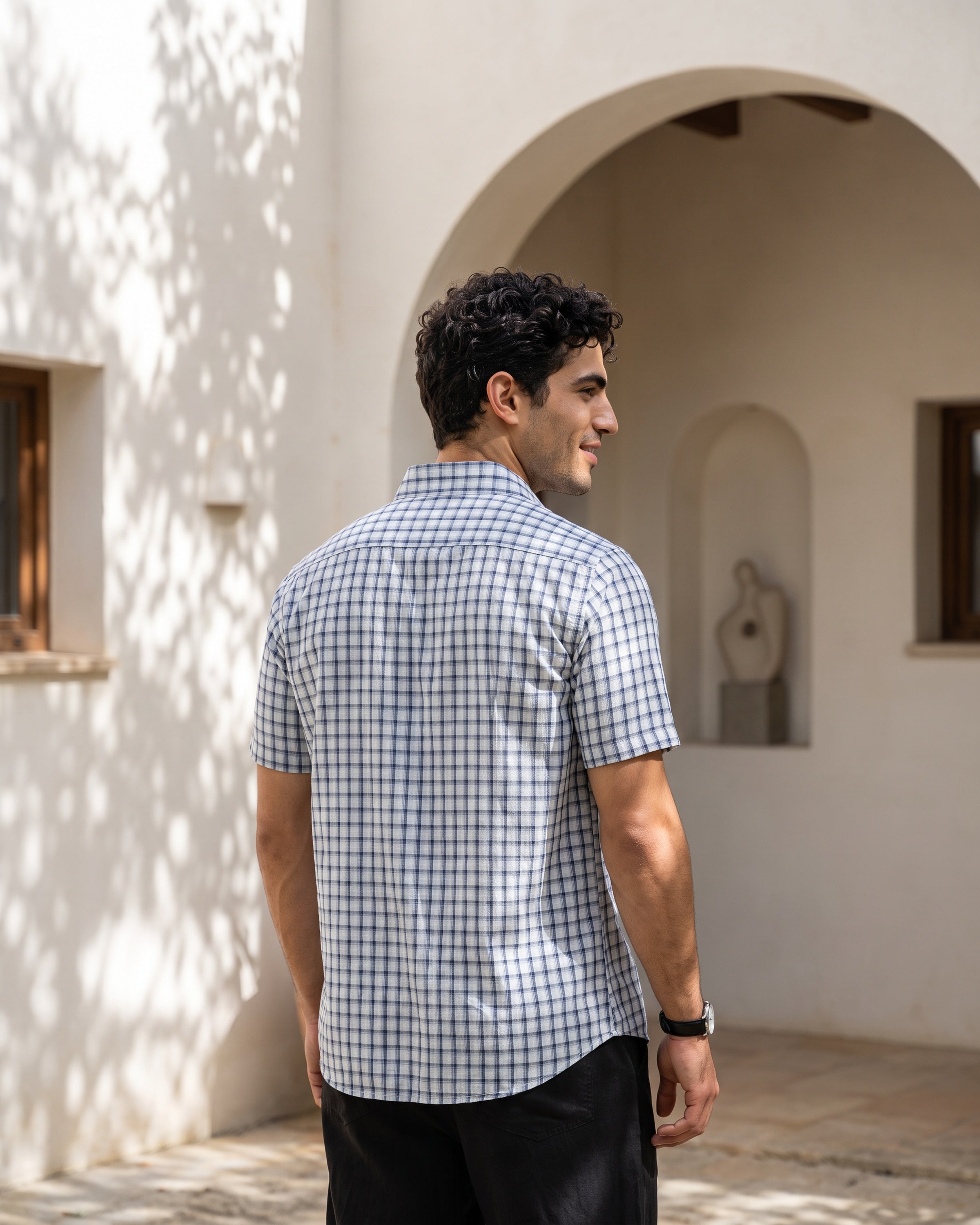 AnationZ Heritage Linen Check Short Sleeve Shirt - Glacial Blue Sri Lanka
