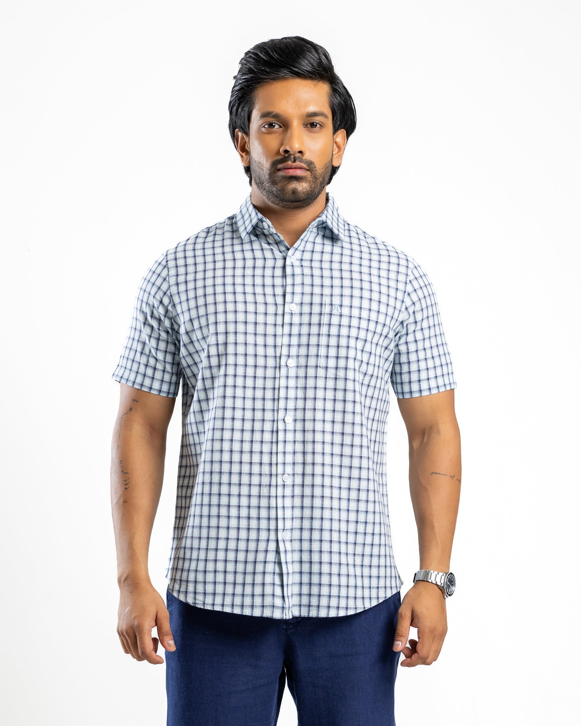 AnationZ Heritage Linen Check Short Sleeve Shirt - Glacial Blue Sri Lanka

