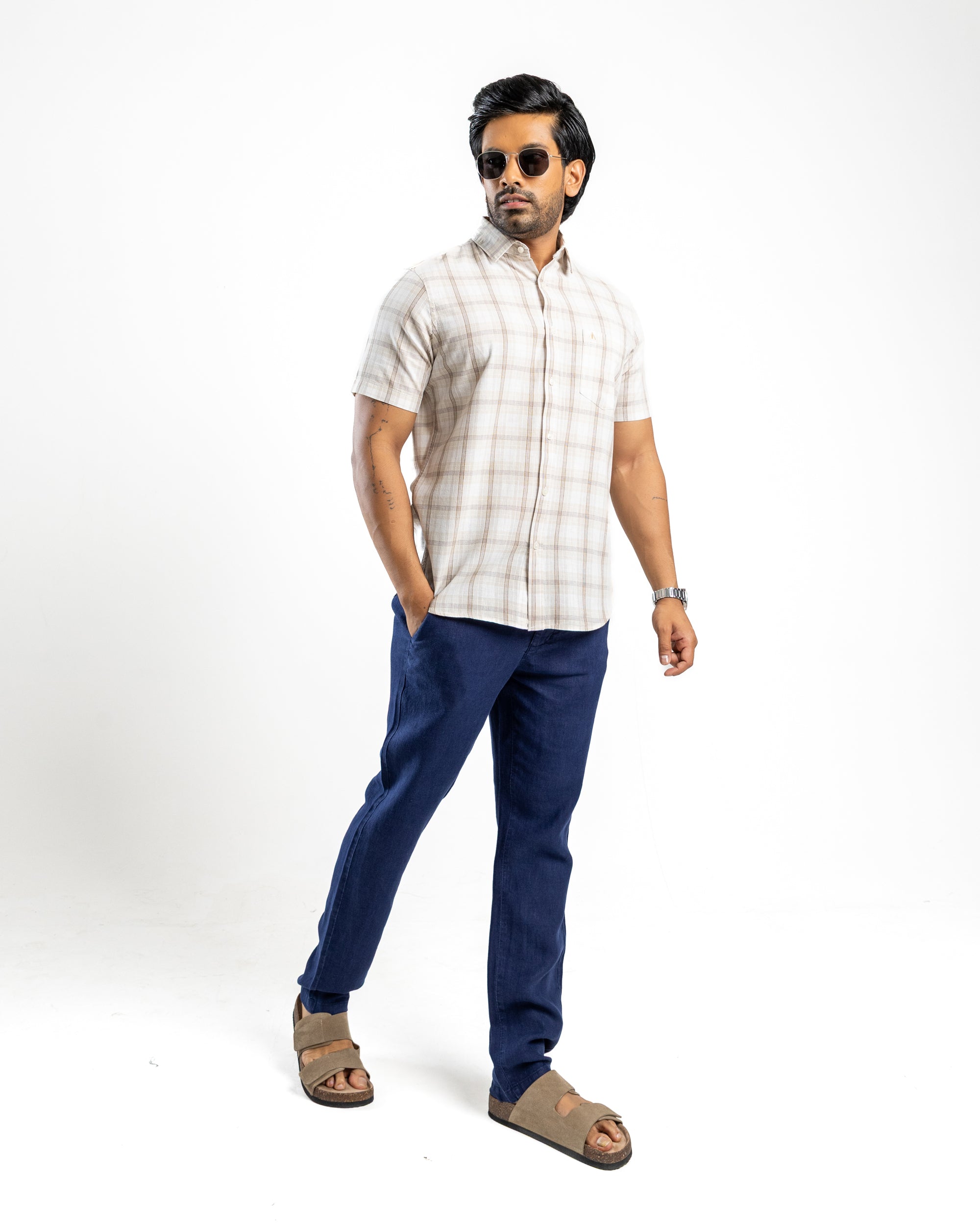 Linen Cotton Blend Check Short Sleeve Shirt | Raw Canvas