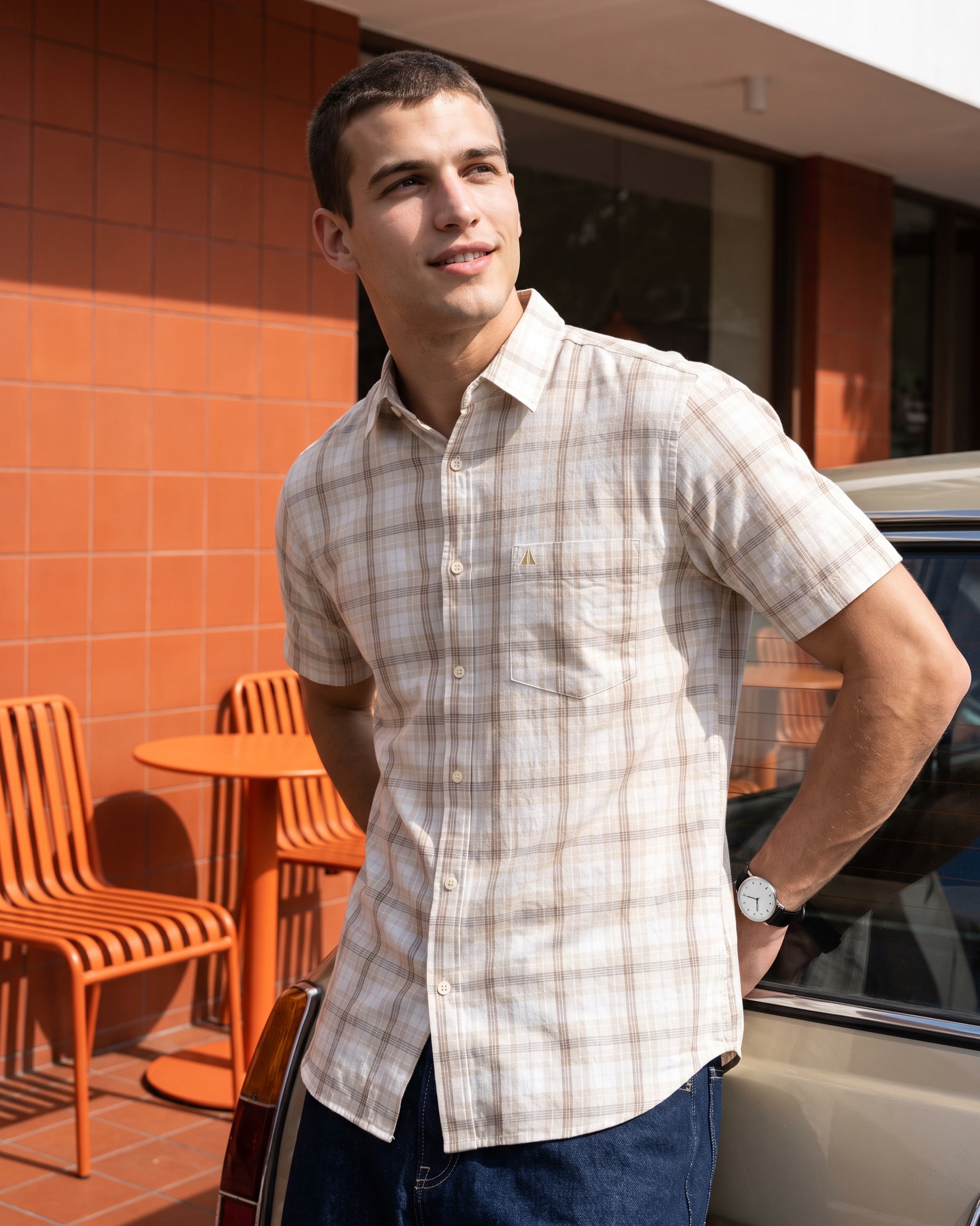 AnationZ Heritage Linen Check Short Sleeve Shirt - Raw Canvas Sri Lanka