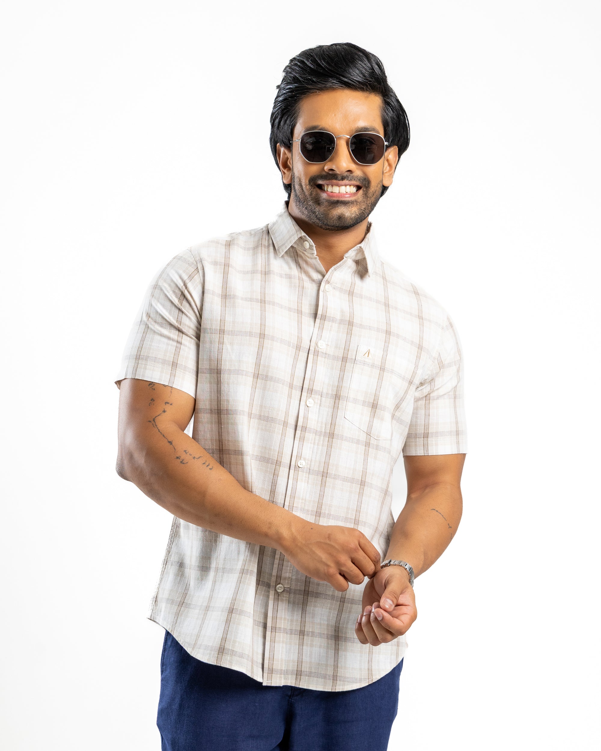 Linen Cotton Blend Check Short Sleeve Shirt | Raw Canvas