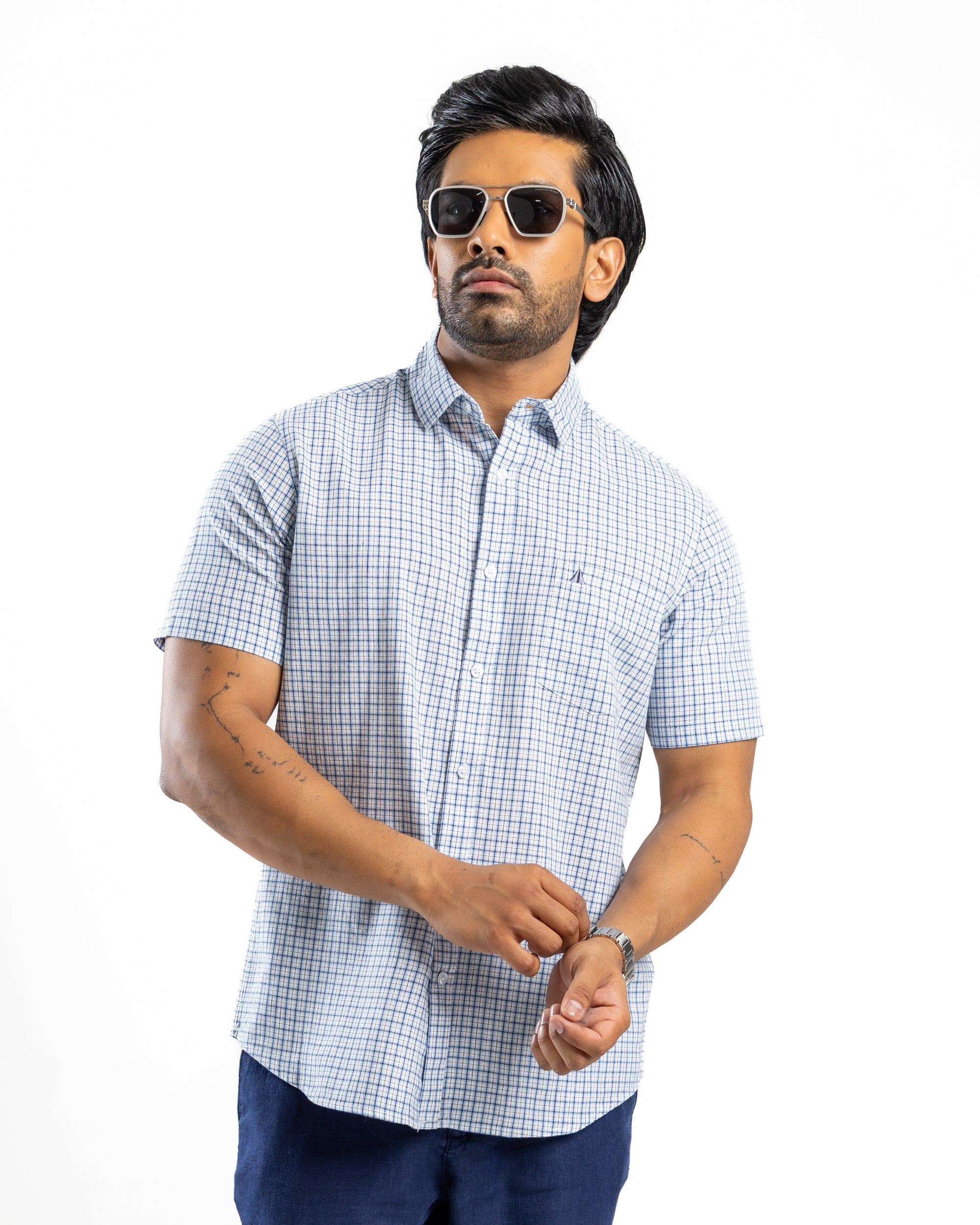 LINEN COTTON CHECK Short Sleeve- Atlantic Blue