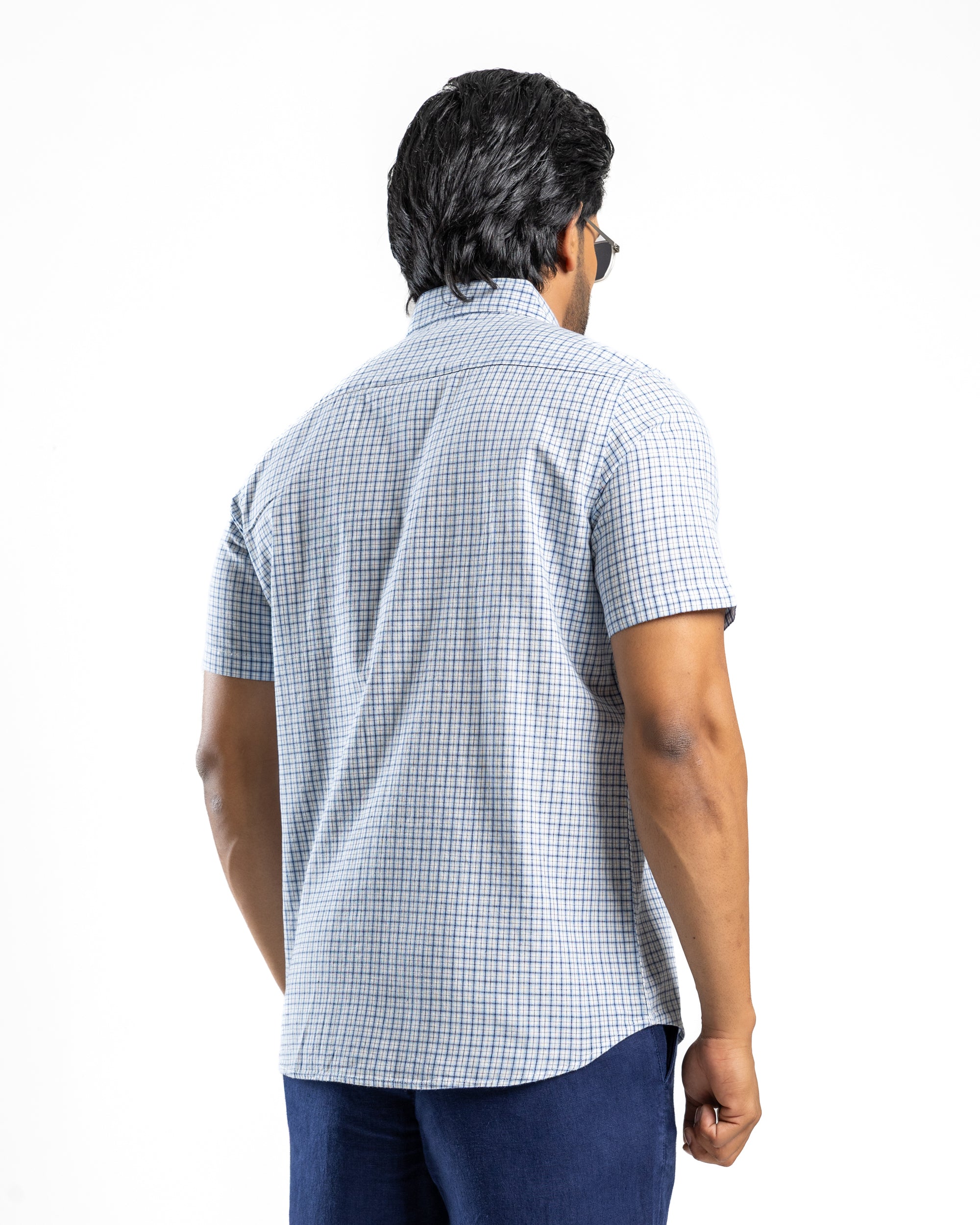 LINEN COTTON CHECK Short Sleeve- Atlantic Blue