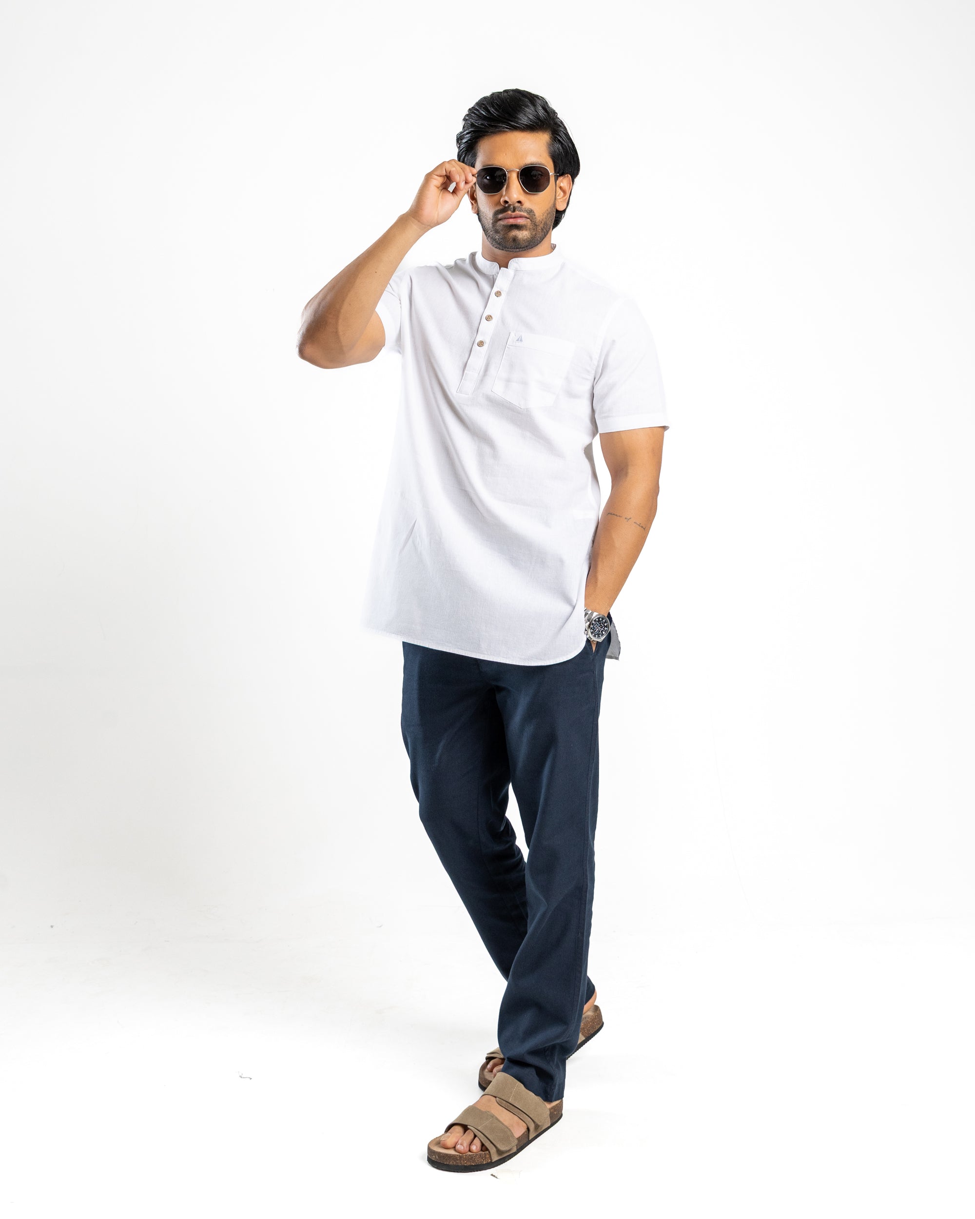 KURTHA - WHITE Short Sleeve Chinese Collar Shirt - Alpine White