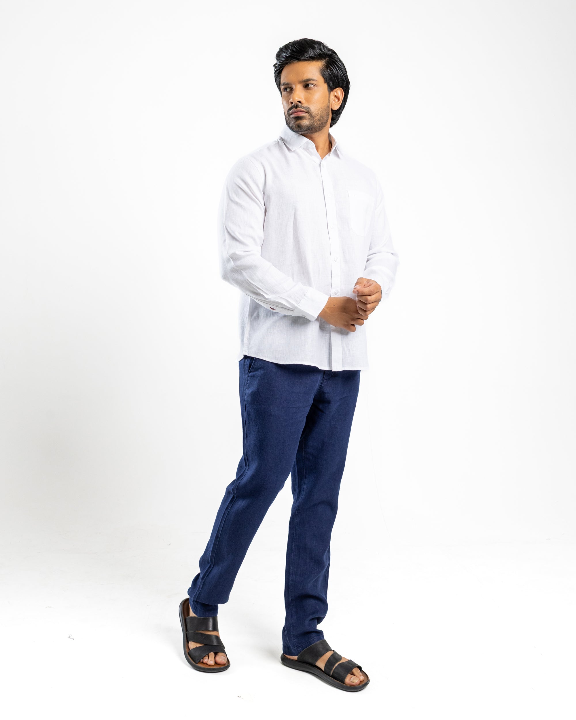 LINEN Long Sleeve Shirt Curve Hem Single Pocket Pure Alpine White