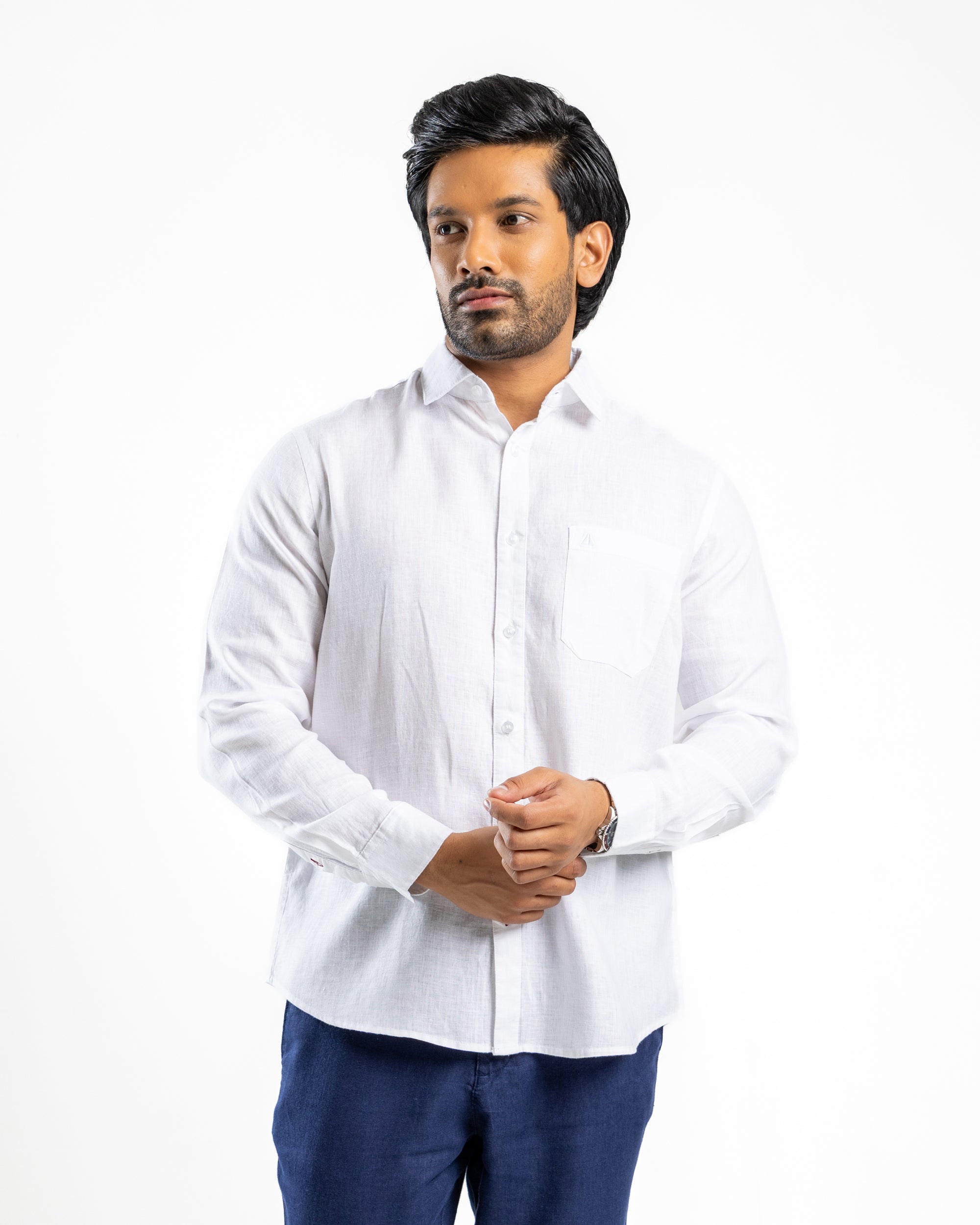 LINEN Long Sleeve Shirt Curve Hem Single Pocket Pure Alpine White
