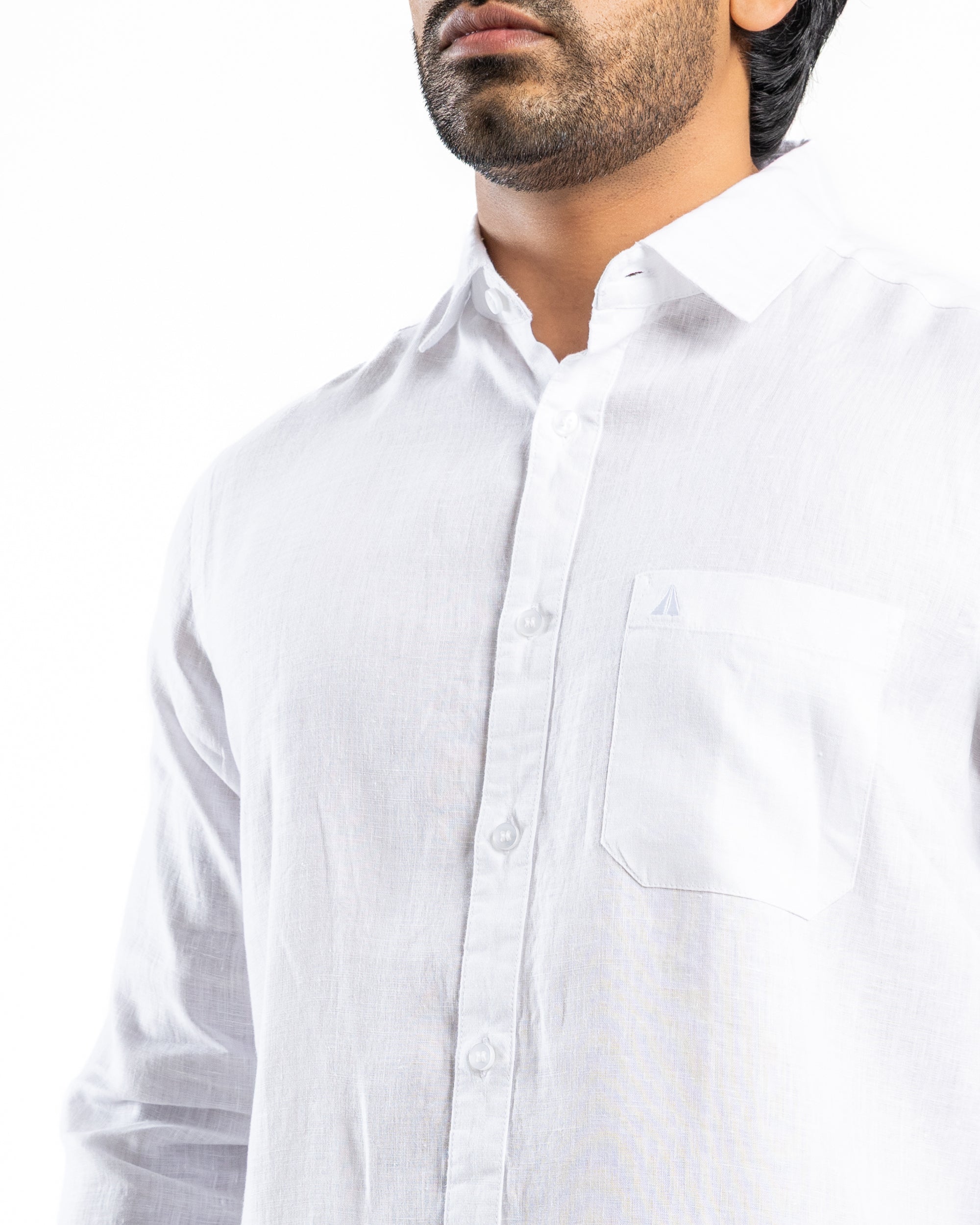 LINEN Long Sleeve Shirt Curve Hem Single Pocket Pure Alpine White