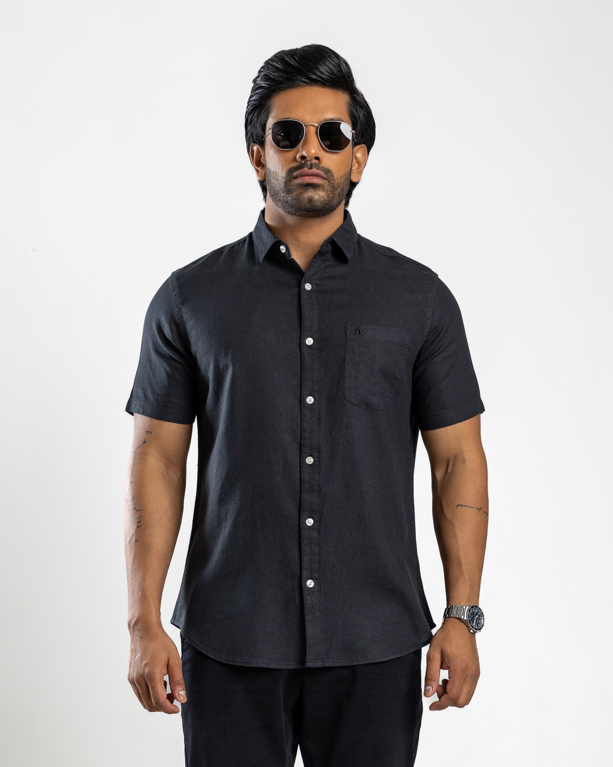AnationZ Fluid Linen Short Sleeve Shirt - Midnight Onyx Sri Lanka
